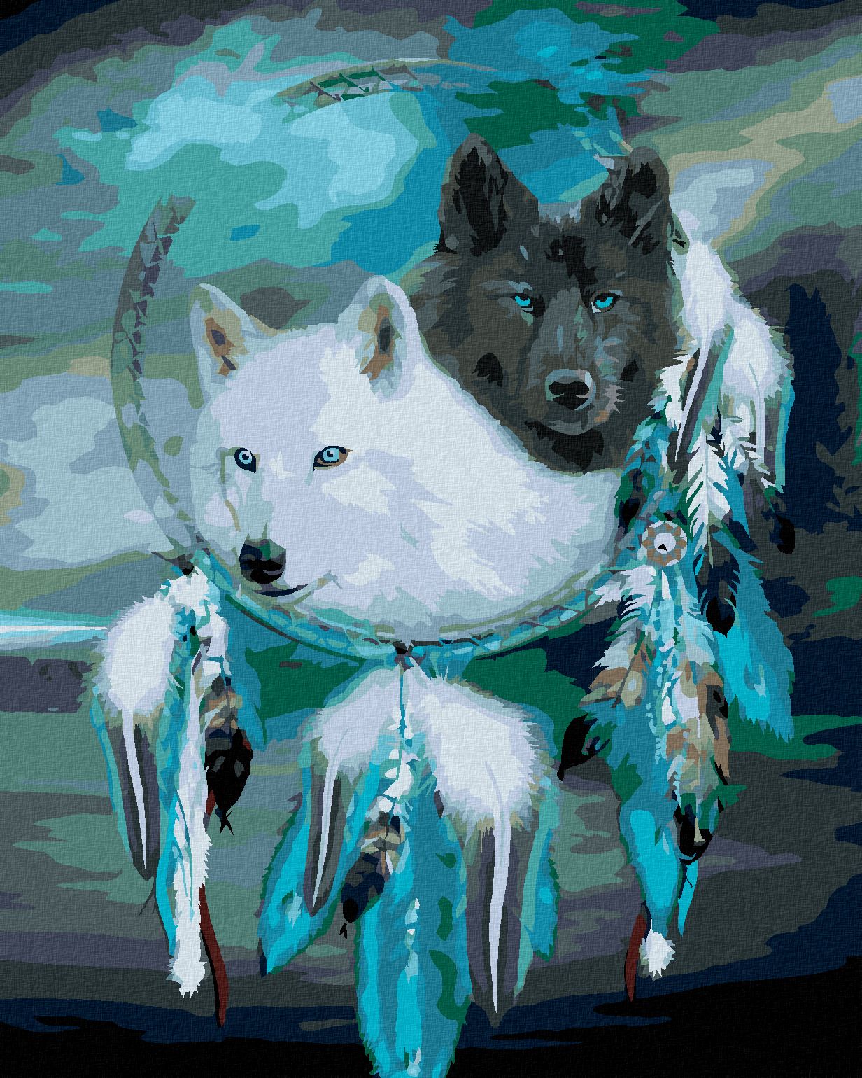 zuty Malování podle čísel – BÍLÝ A ČERNÝ VLK A LAPAČ SNŮ (CAROL CAVALARIS) - Rozměr: 40x50 cm, Rámování: Varianta: bez rámu a bez vypnutí plátna - obrázek 1