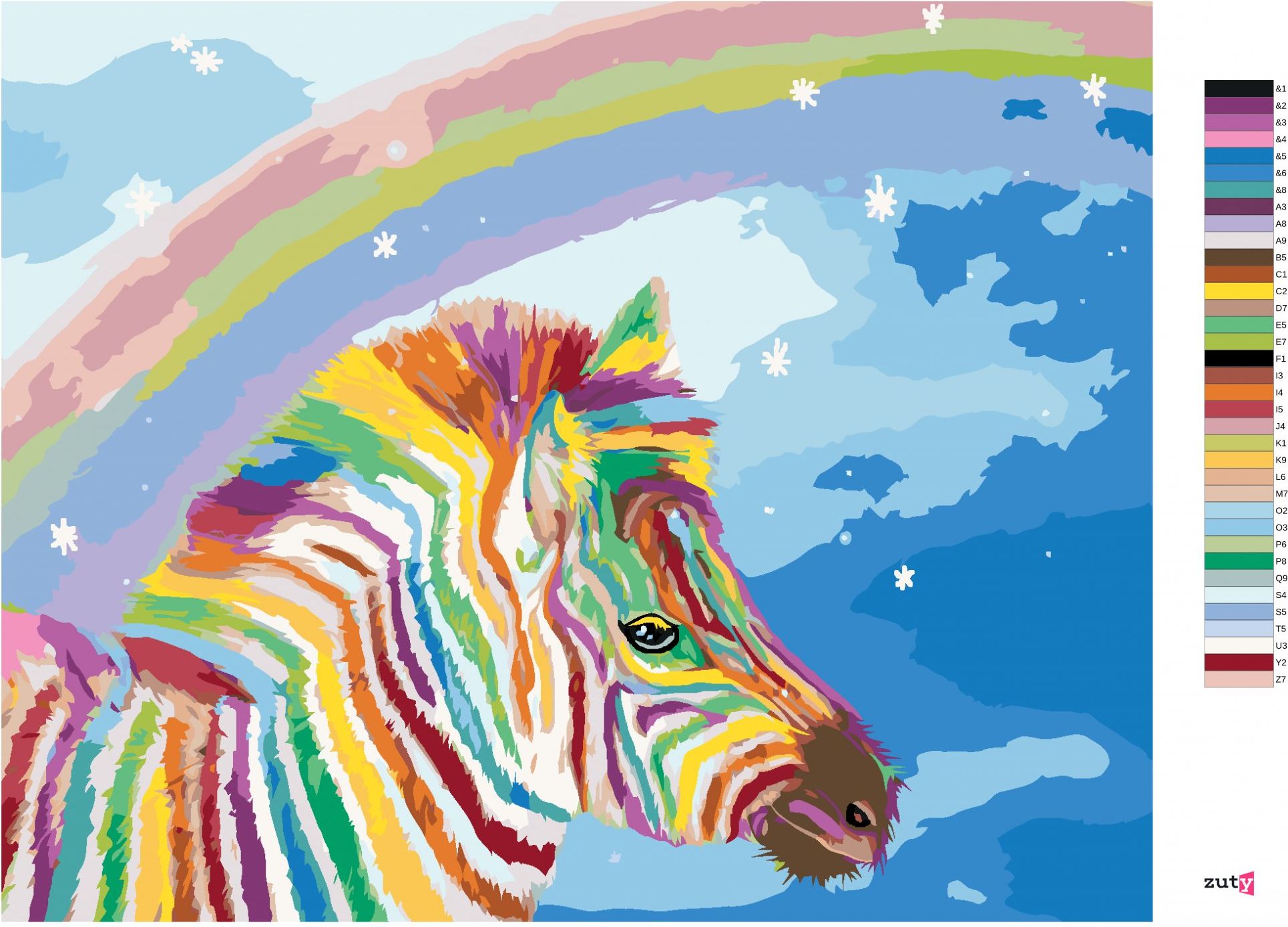 zuty Malování podle čísel - ZEBRA A DUHA(CAROL CAVALARIS) - Rozměr: 40x50 cm, Rámování: Varianta: bez rámu a bez vypnutí plátna - obrázek 7