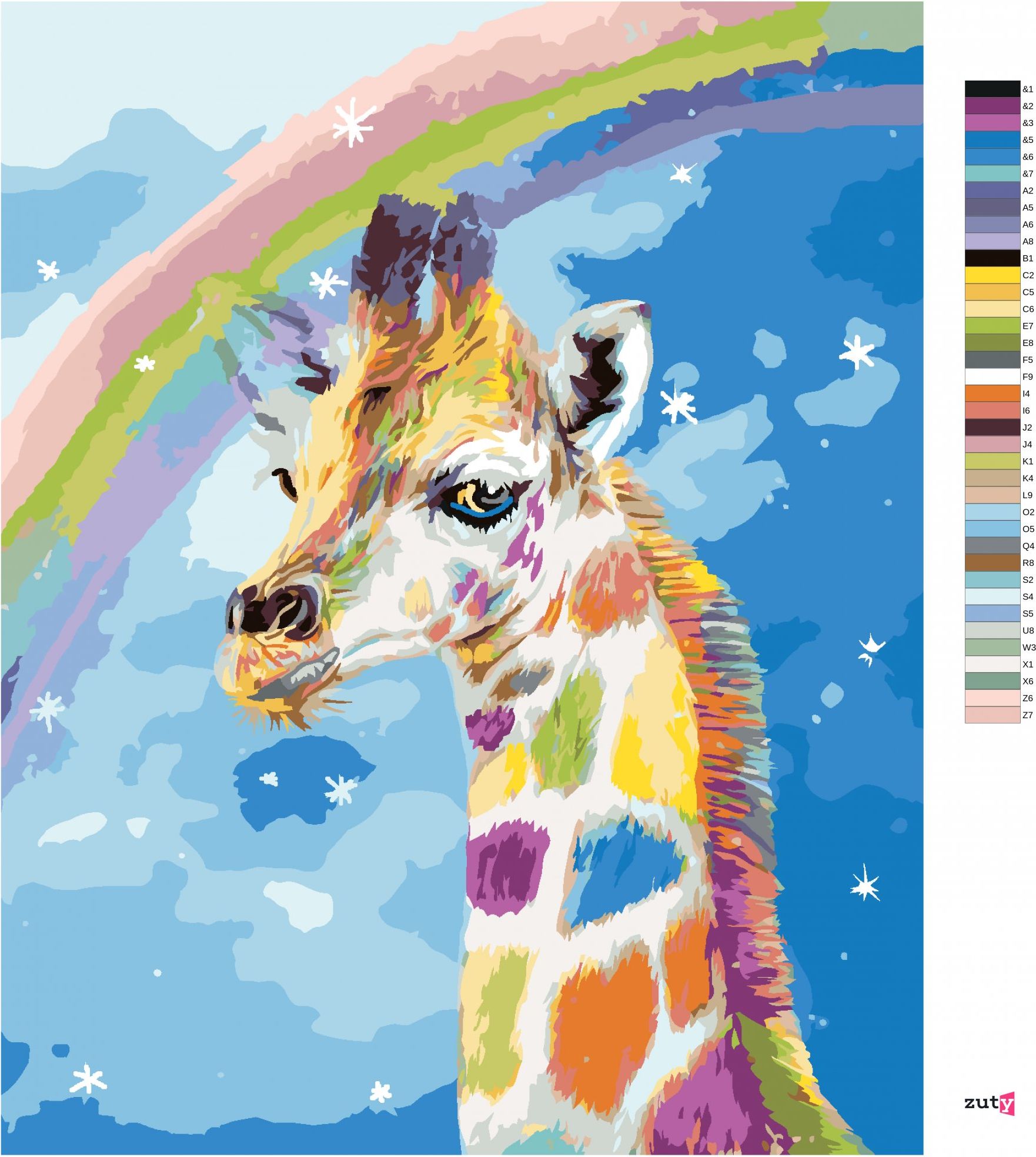 zuty Malování podle čísel - ŽIRAFA A DUHA (CAROL CAVALARIS) - Rozměr: 40x50 cm, Rámování: Varianta: bez rámu a bez vypnutí plátna - obrázek 6