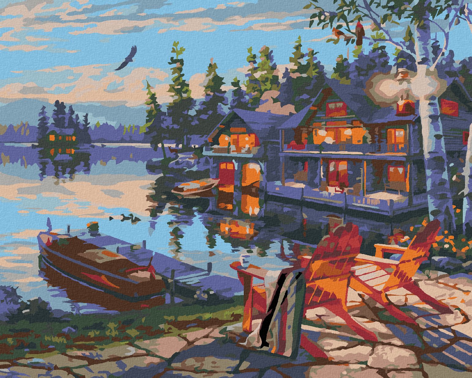 zuty Malování podle čísel - LOĎ U MOLA, CHATA A JEZERO (DARRELL BUSH) - Rozměr: 40x50 cm, Rámování: Varianta: vypnuté plátno na rám - obrázek 1