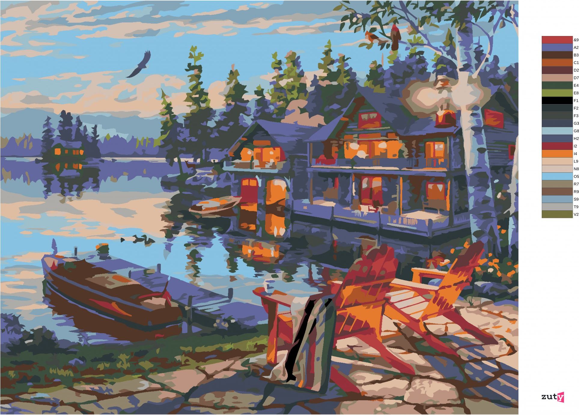 zuty Malování podle čísel - LOĎ U MOLA, CHATA A JEZERO (DARRELL BUSH) - Rozměr: 40x50 cm, Rámování: Varianta: vypnuté plátno na rám - obrázek 2