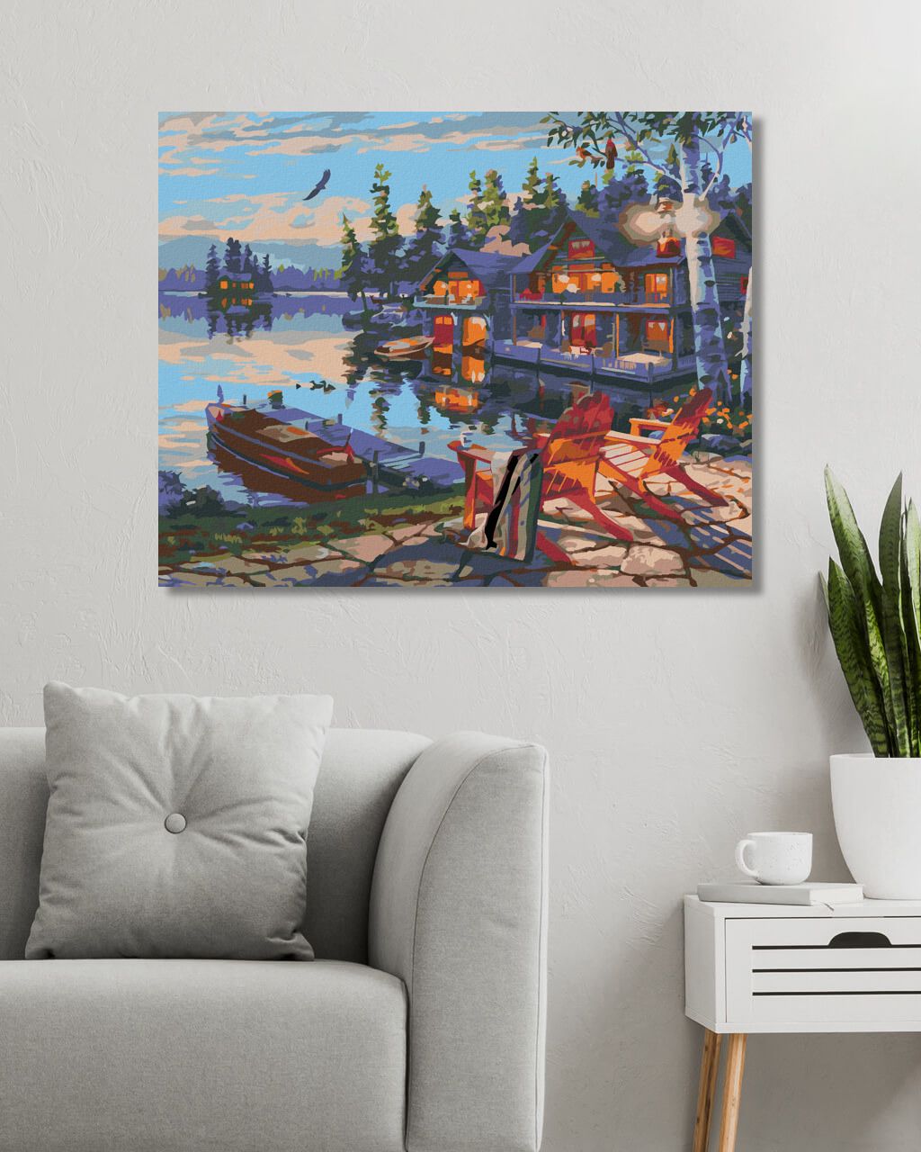 zuty Malování podle čísel - LOĎ U MOLA, CHATA A JEZERO (DARRELL BUSH) - Rozměr: 40x50 cm, Rámování: Varianta: vypnuté plátno na rám - obrázek 9