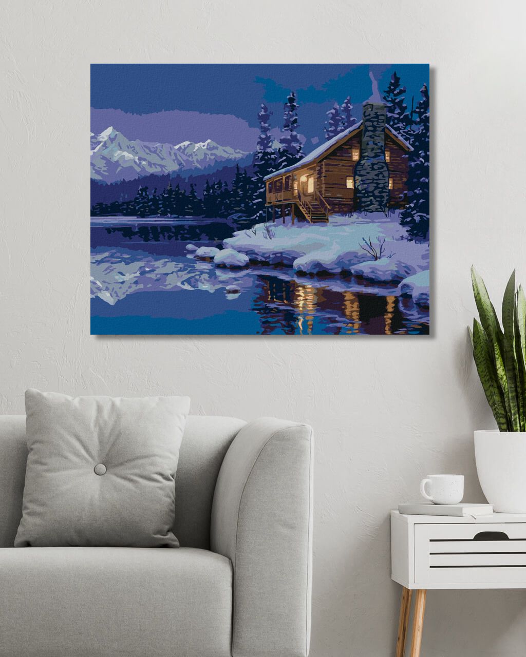 zuty Malování podle čísel - CHATA U JEZERA V ZIMĚ A HORY (DARRELL BUSH) - Rozměr: 40x50 cm, Rámování: Varianta: bez rámu a bez vypnutí plátna - obrázek 4