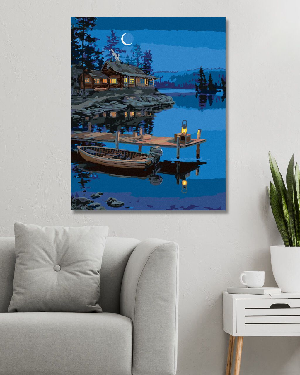 zuty Malování podle čísel - JEZERO, MOLO S LODÍ A CHATA V NOCI (DARRELL BUSH) - Rozměr: 40x50 cm, Rámování: Varianta: vypnuté plátno na rám - obrázek 3