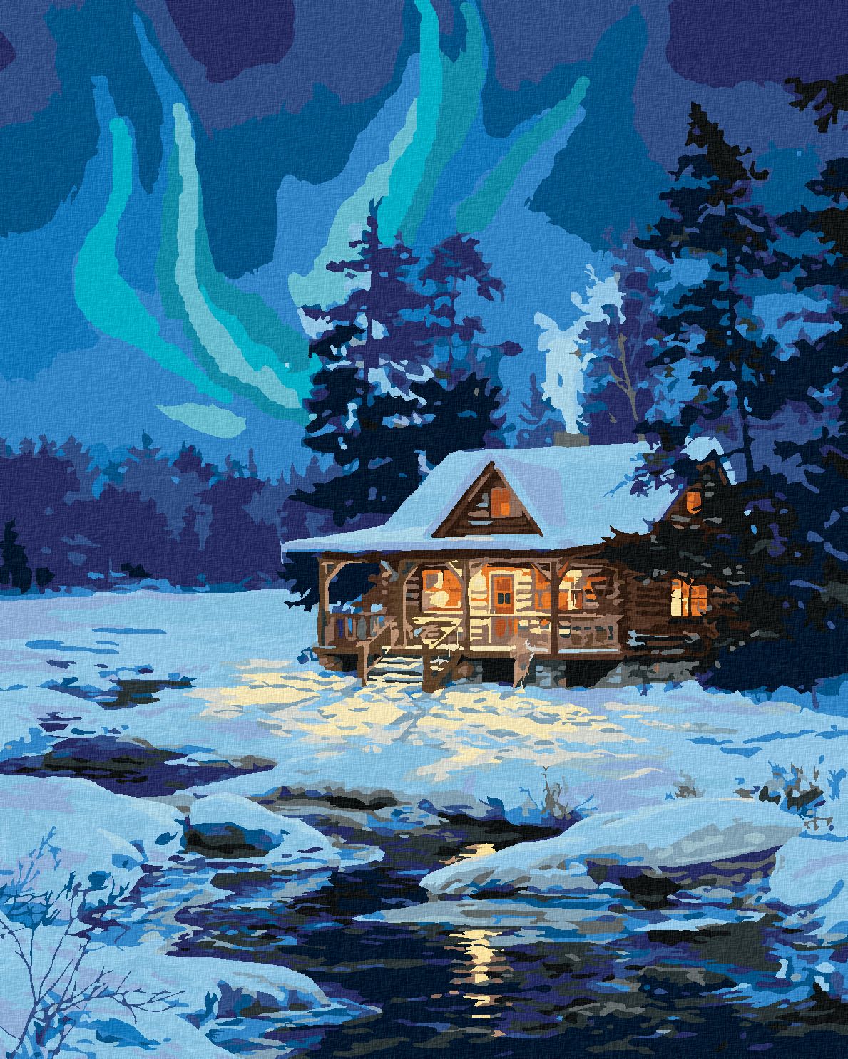 zuty Malování podle čísel - ZASNĚŽENÁ CHATA U ŘEKY A POLÁRNÍ ZÁŘE (DARRELL BUSH) - Rozměr: 40x50 cm, Rámování: Varianta: bez rámu a bez vypnutí plátna - obrázek 1