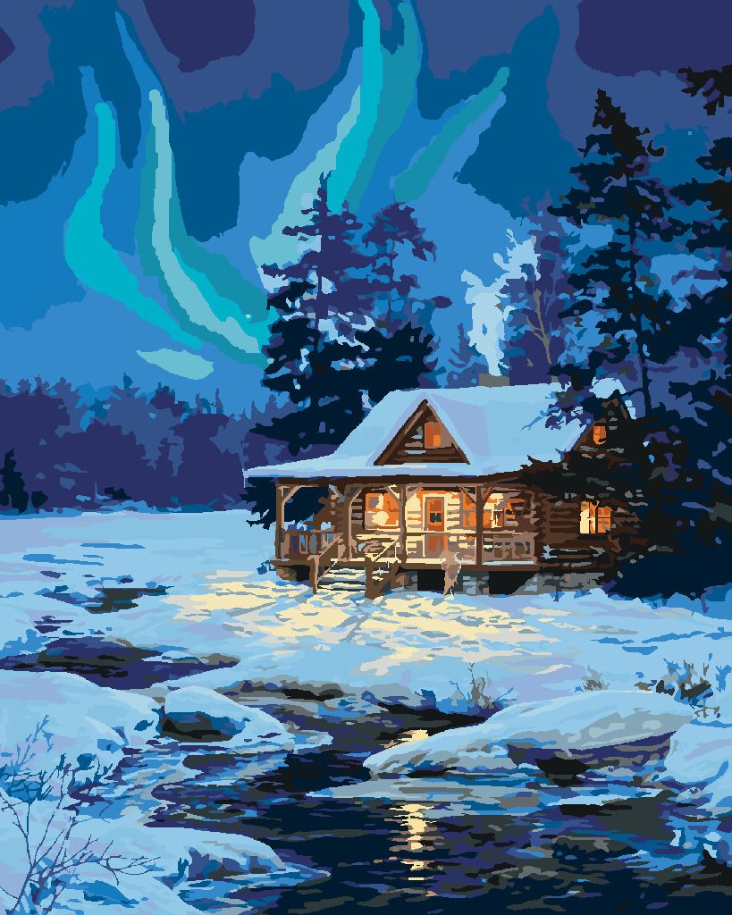 zuty Malování podle čísel - ZASNĚŽENÁ CHATA U ŘEKY A POLÁRNÍ ZÁŘE (DARRELL BUSH) - Rozměr: 40x50 cm, Rámování: Varianta: bez rámu a bez vypnutí plátna - obrázek 2
