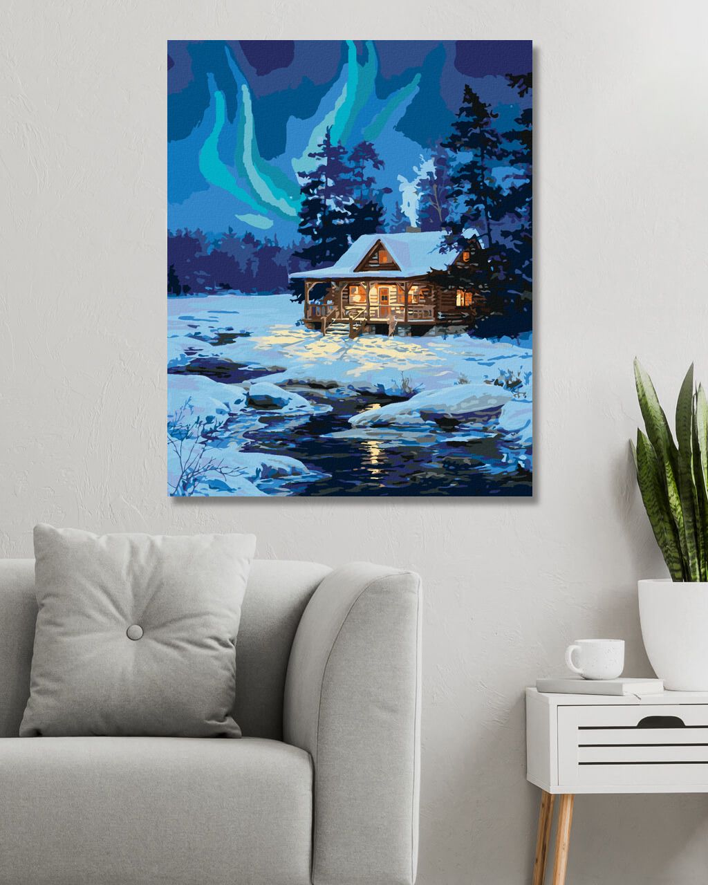 zuty Malování podle čísel - ZASNĚŽENÁ CHATA U ŘEKY A POLÁRNÍ ZÁŘE (DARRELL BUSH) - Rozměr: 40x50 cm, Rámování: Varianta: bez rámu a bez vypnutí plátna - obrázek 5