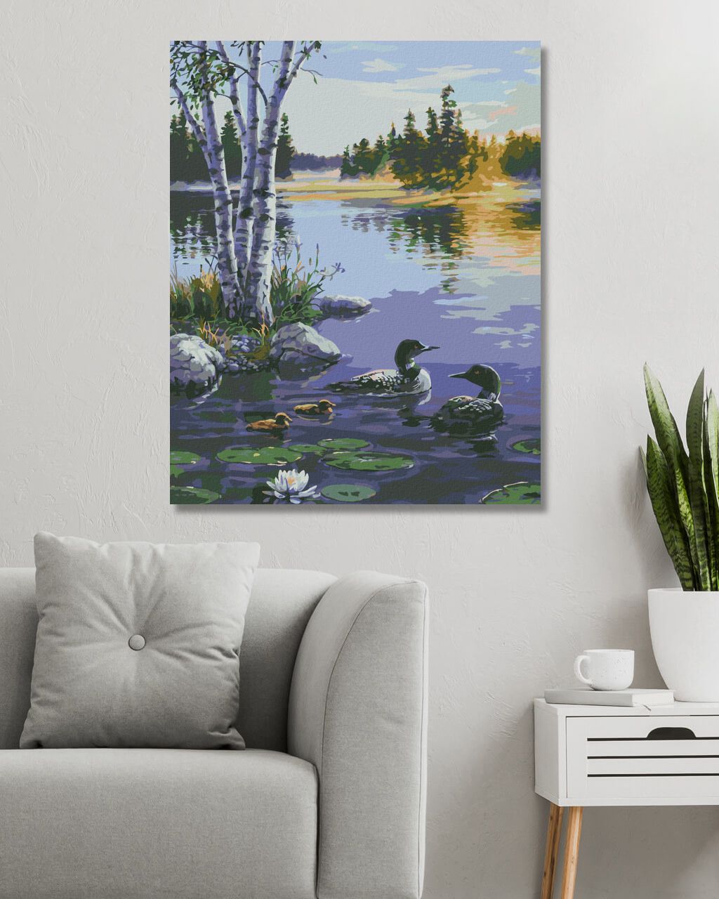 zuty Malování podle čísel - VÝCHOD SLUNCE, KACHNÍ RODINA A LEKNÍNY NA JEZEŘE (DARRELL BUSH) - Rozměr: 40x50 cm, Rámování: Varianta: bez rámu a bez vypnutí plátna - obrázek 4