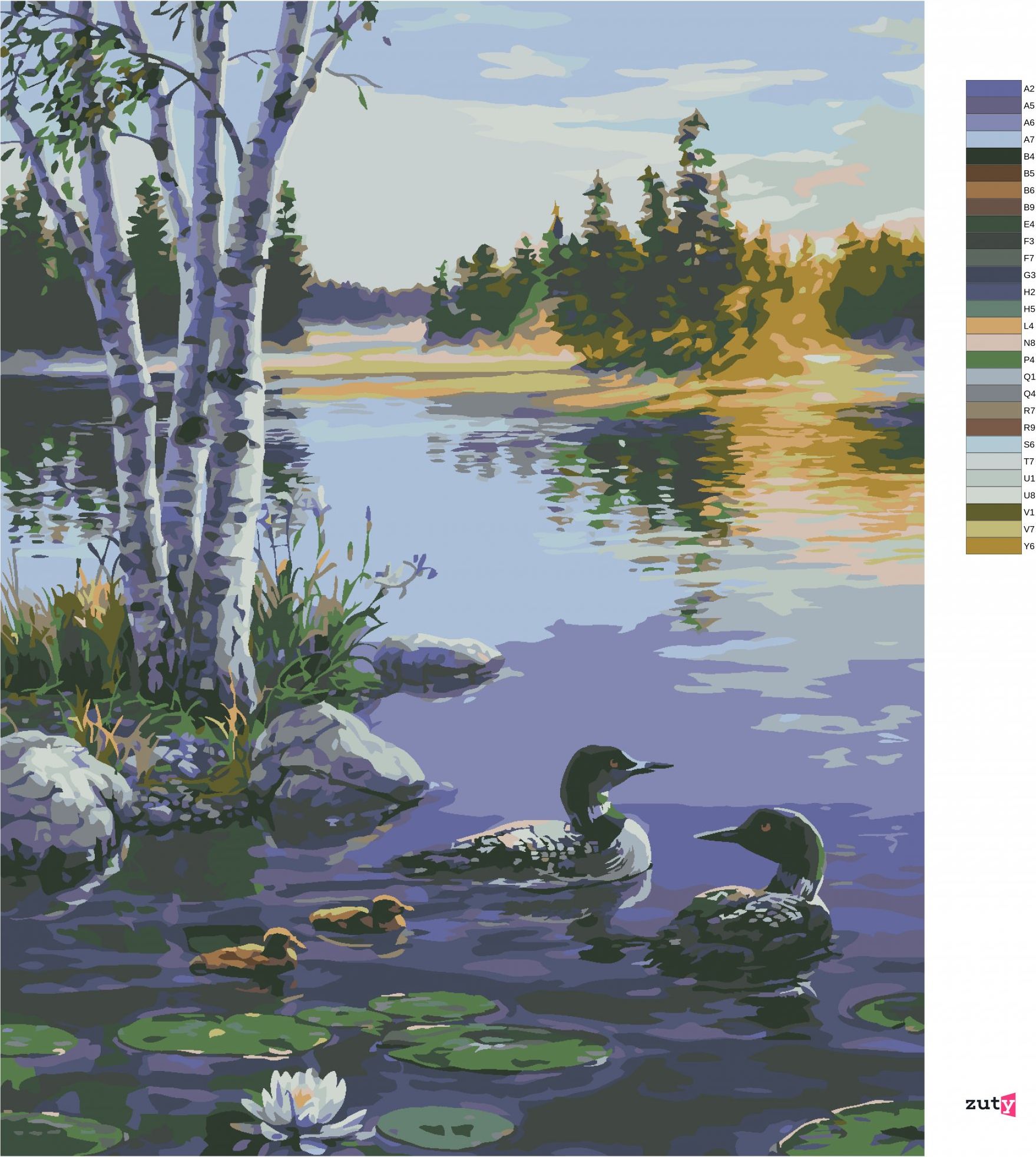 zuty Malování podle čísel - VÝCHOD SLUNCE, KACHNÍ RODINA A LEKNÍNY NA JEZEŘE (DARRELL BUSH) - Rozměr: 40x50 cm, Rámování: Varianta: bez rámu a bez vypnutí plátna - obrázek 6