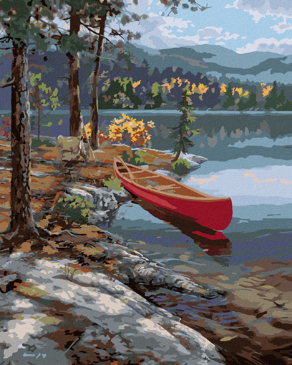 zuty Malování podle čísel - KANOE U JEZERA (DARRELL BUSH) - Rozměr: 40x50 cm, Rámování: Varianta: vypnuté plátno na rám - obrázek 1