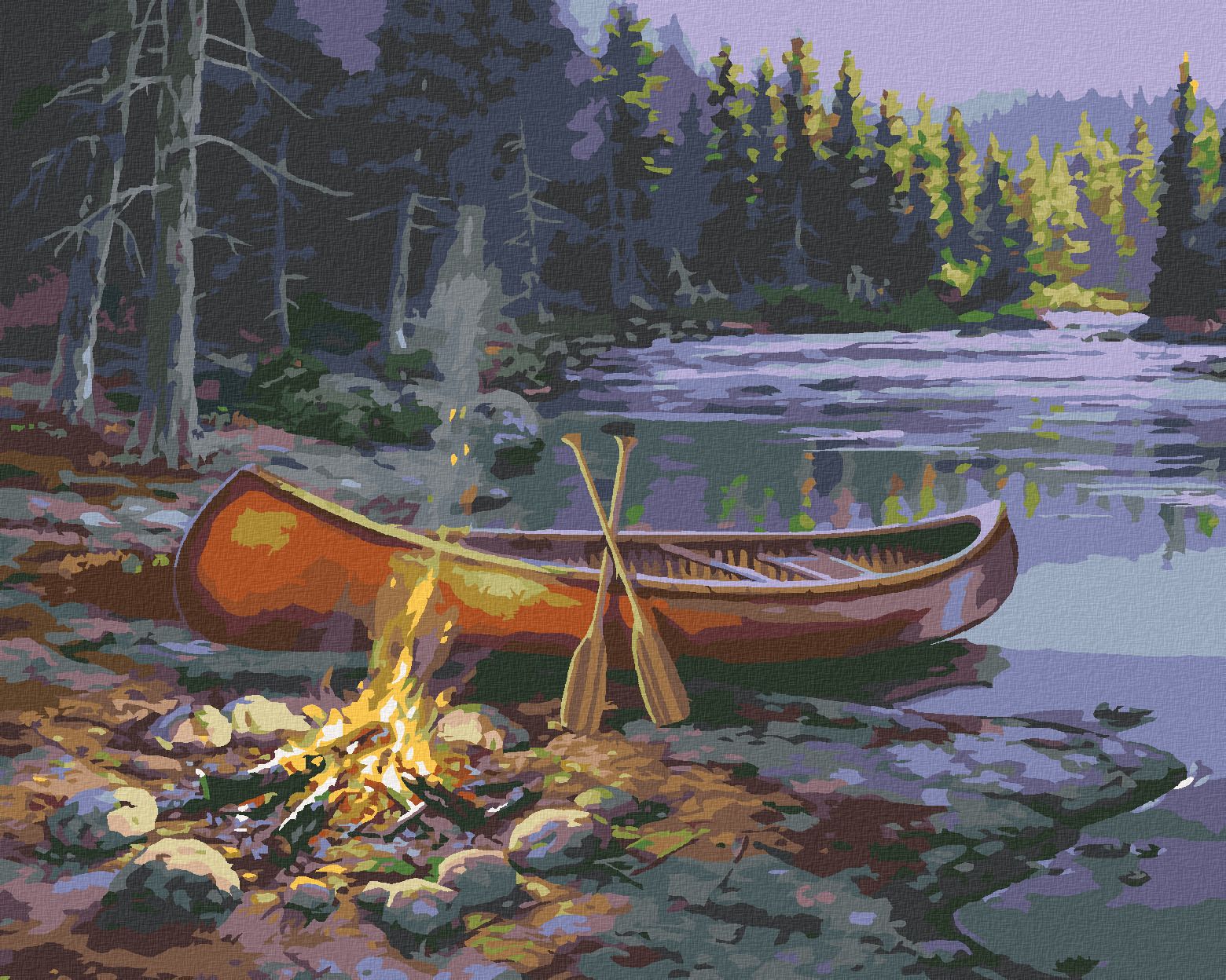 zuty Malování podle čísel - ČERVENÁ KANOE U JEZERA A TÁBORÁK (DARRELL BUSH) - Rozměr: 40x50 cm, Rámování: Varianta: vypnuté plátno na rám - obrázek 1