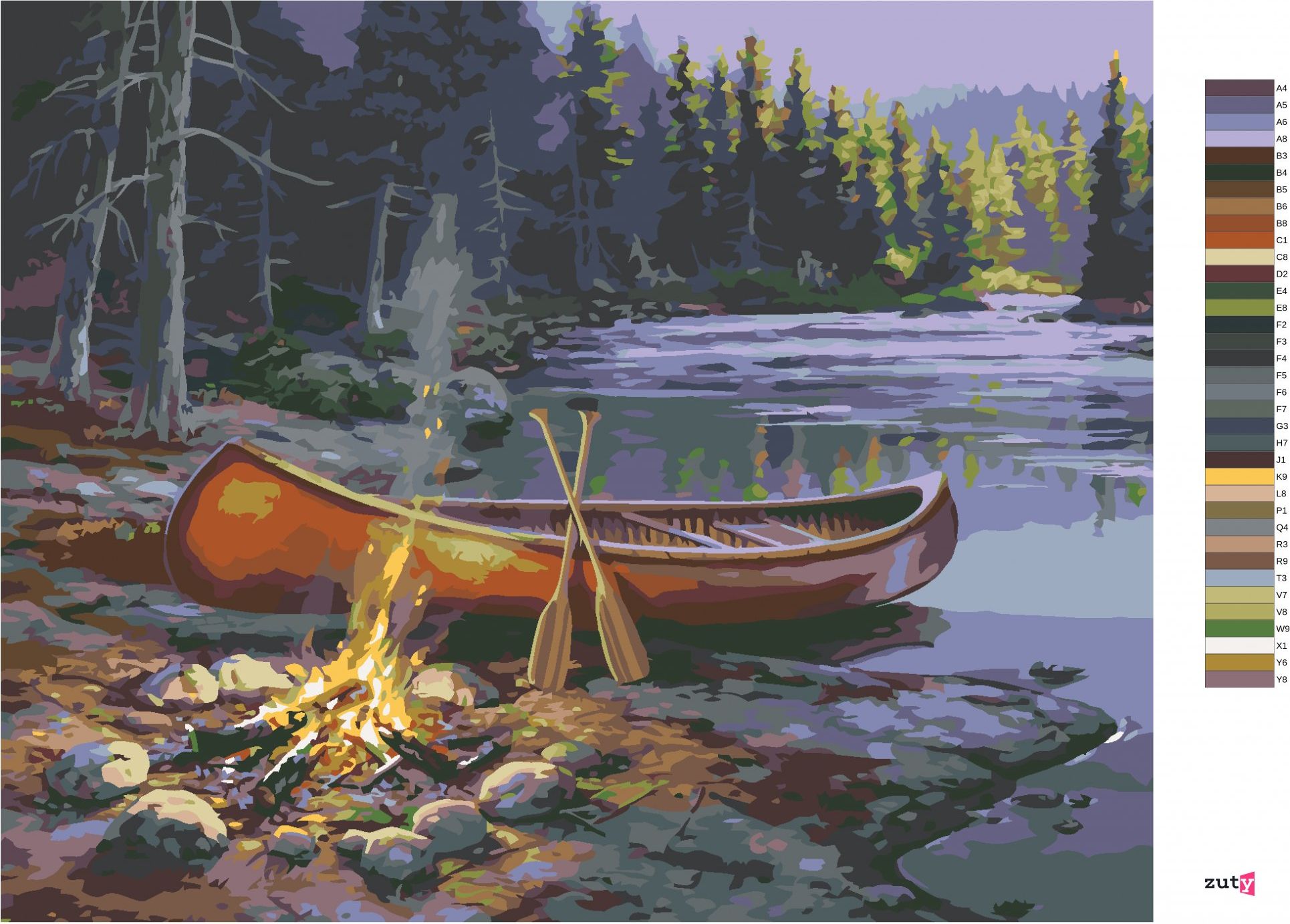 zuty Malování podle čísel - ČERVENÁ KANOE U JEZERA A TÁBORÁK (DARRELL BUSH) - Rozměr: 40x50 cm, Rámování: Varianta: vypnuté plátno na rám - obrázek 4