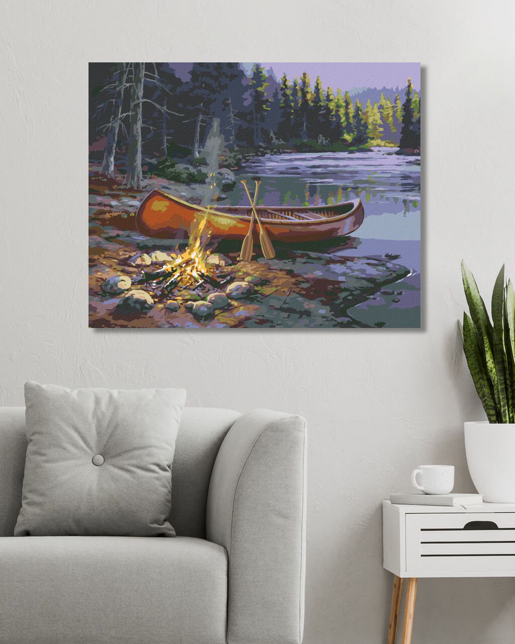zuty Malování podle čísel - ČERVENÁ KANOE U JEZERA A TÁBORÁK (DARRELL BUSH) - Rozměr: 40x50 cm, Rámování: Varianta: vypnuté plátno na rám - obrázek 6
