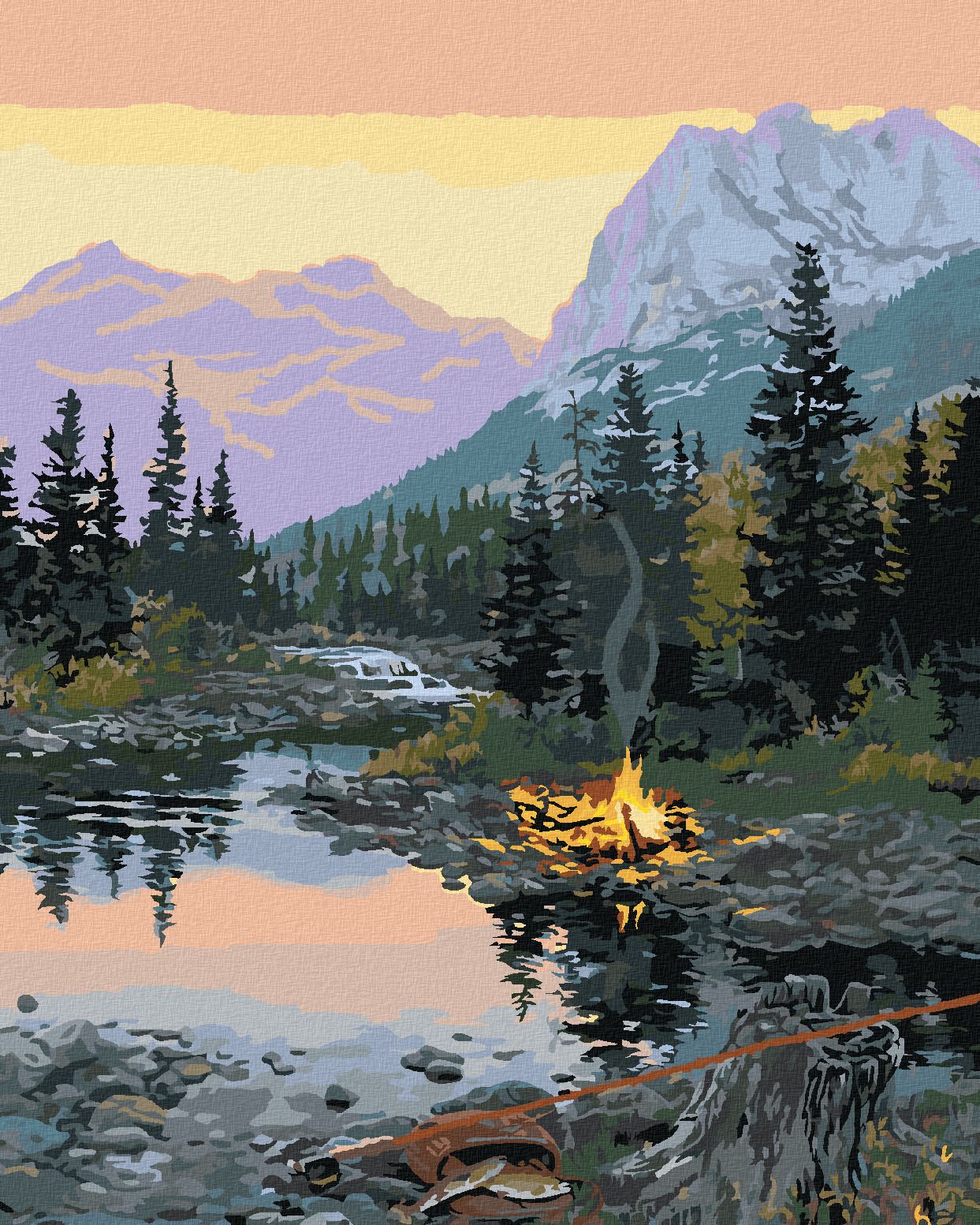 zuty Malování podle čísel - TÁBORÁK U ŘEKY A HORY (DARRELL BUSH) - Rozměr: 40x50 cm, Rámování: Varianta: bez rámu a bez vypnutí plátna - obrázek 1