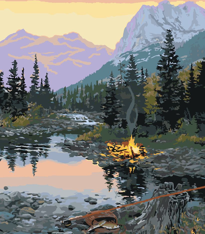 zuty Malování podle čísel - TÁBORÁK U ŘEKY A HORY (DARRELL BUSH) - Rozměr: 40x50 cm, Rámování: Varianta: bez rámu a bez vypnutí plátna - obrázek 9