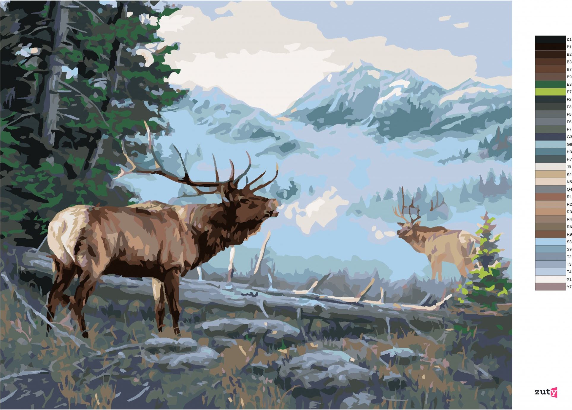 zuty Malování podle čísel - JELENI A HORY (DARRELL BUSH) - Rozměr: 40x50 cm, Rámování: Varianta: vypnuté plátno na rám - obrázek 2
