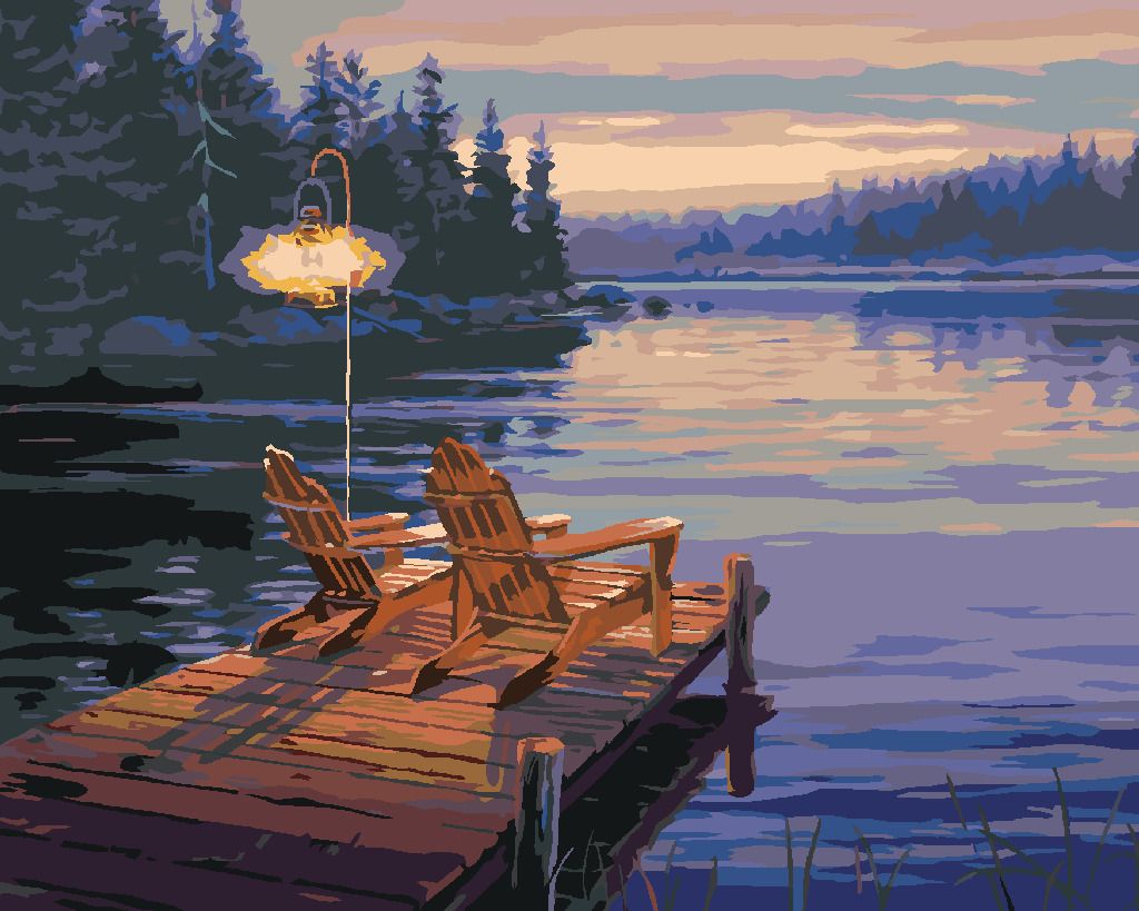 zuty Malování podle čísel - ŽIDLE NA MOLU U JEZERA (DARRELL BUSH) - Rozměr: 40x50 cm, Rámování: Varianta: vypnuté plátno na rám - obrázek 4