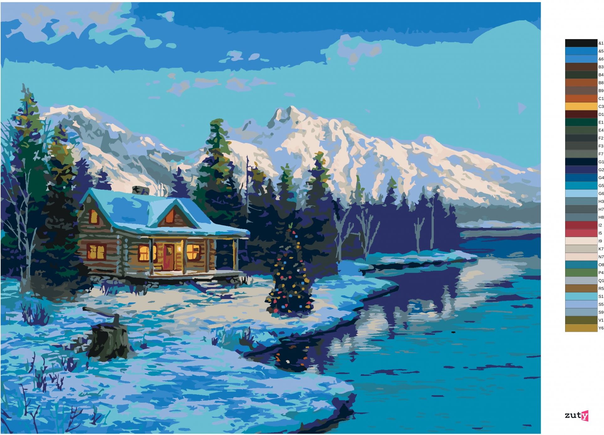 zuty Malování podle čísel - CHATA U JEZERA, VÁNOČNÍ STROM A HORY (DARRELL BUSH) - Rozměr: 40x50 cm, Rámování: Varianta: bez rámu a bez vypnutí plátna - obrázek 2