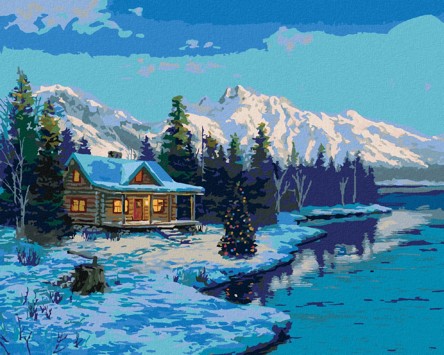 zuty Malování podle čísel - CHATA U JEZERA, VÁNOČNÍ STROM A HORY (DARRELL BUSH) - Rozměr: 40x50 cm, Rámování: Varianta: vypnuté plátno na rám - obrázek 1