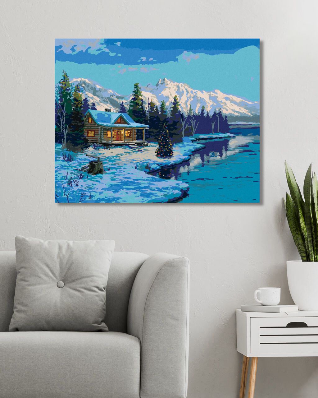 zuty Malování podle čísel - CHATA U JEZERA, VÁNOČNÍ STROM A HORY (DARRELL BUSH) - Rozměr: 40x50 cm, Rámování: Varianta: vypnuté plátno na rám - obrázek 6