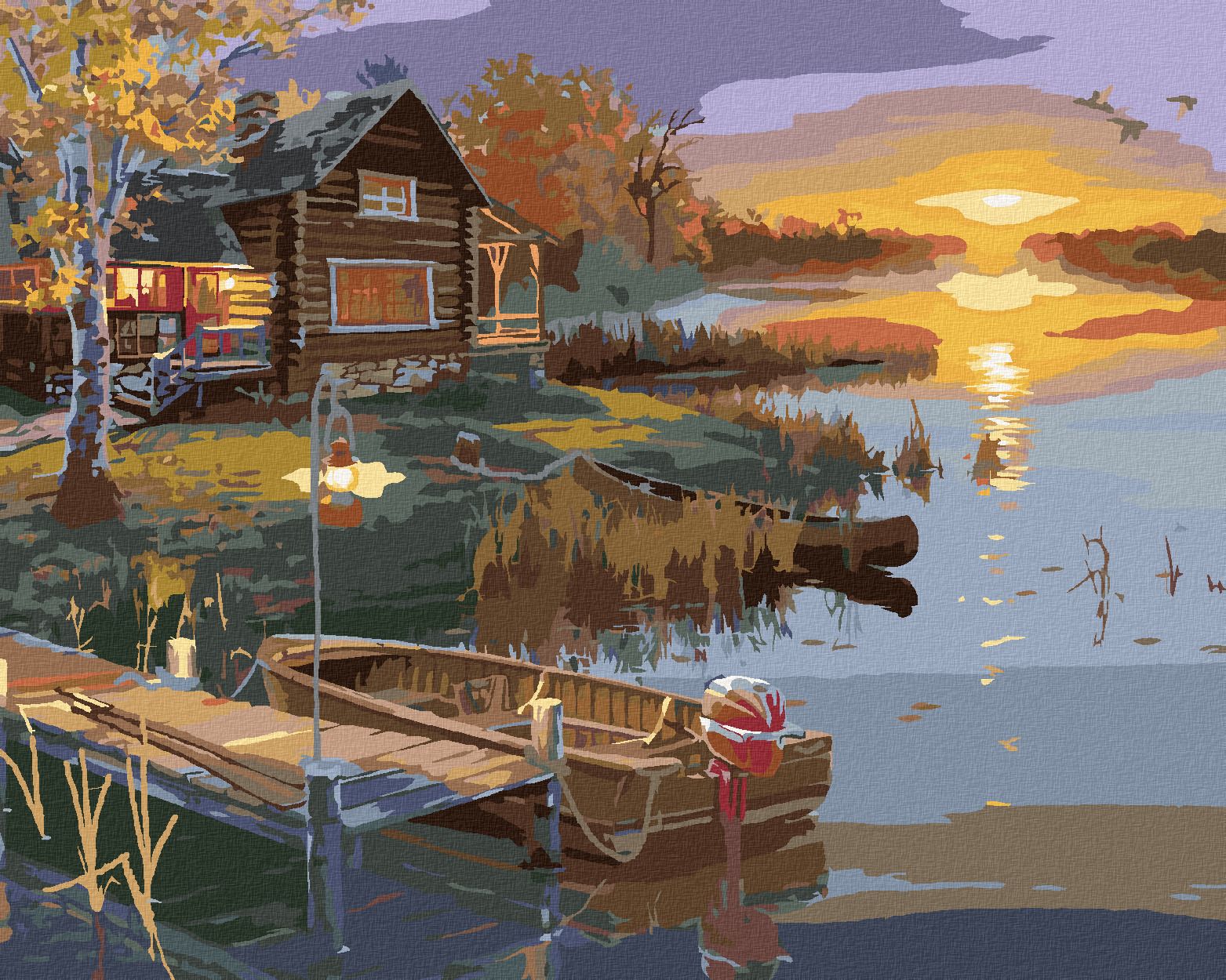 zuty Malování podle čísel - ZÁPAD SLUNCE, RYBNÍK, MOLO S LODÍ A CHATA (DARRELL BUSH) - Rozměr: 40x50 cm, Rámování: Varianta: vypnuté plátno na rám - obrázek 1