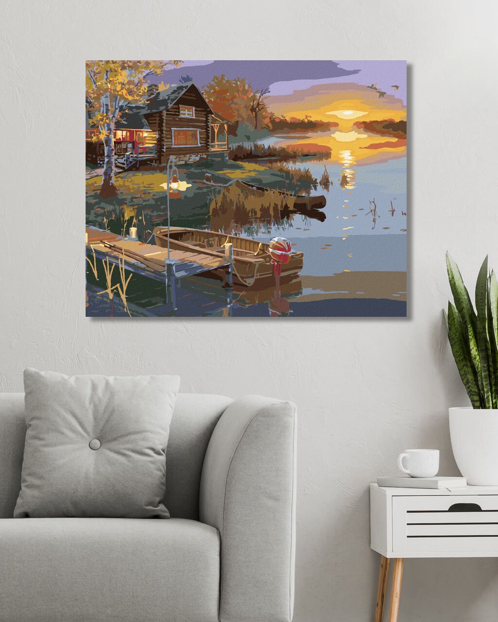 zuty Malování podle čísel - ZÁPAD SLUNCE, RYBNÍK, MOLO S LODÍ A CHATA (DARRELL BUSH) - Rozměr: 40x50 cm, Rámování: Varianta: vypnuté plátno na rám - obrázek 2