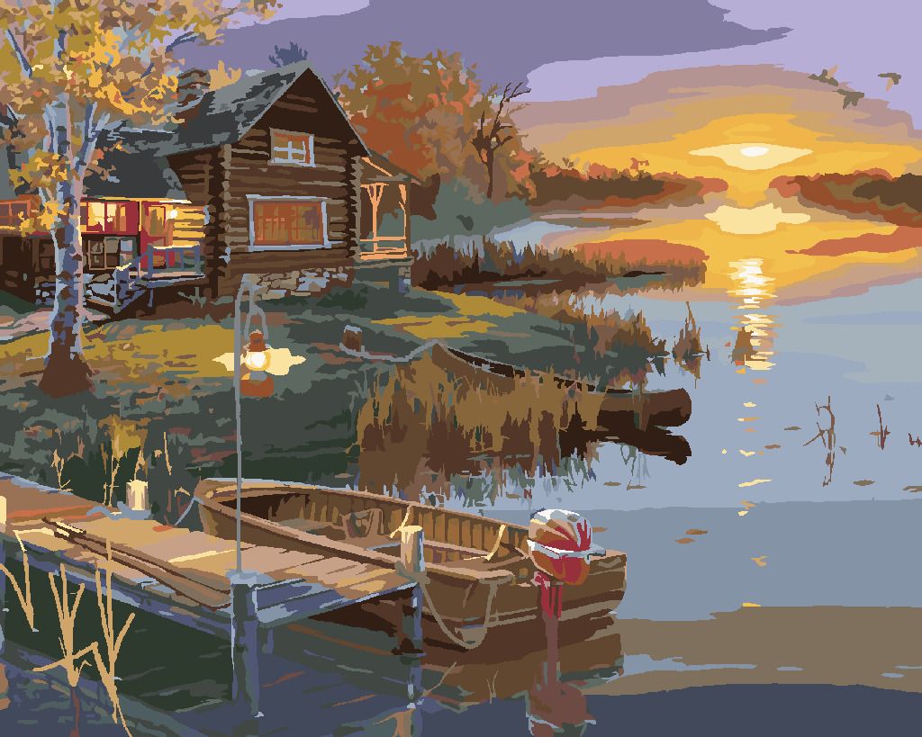 zuty Malování podle čísel - ZÁPAD SLUNCE, RYBNÍK, MOLO S LODÍ A CHATA (DARRELL BUSH) - Rozměr: 40x50 cm, Rámování: Varianta: vypnuté plátno na rám - obrázek 6