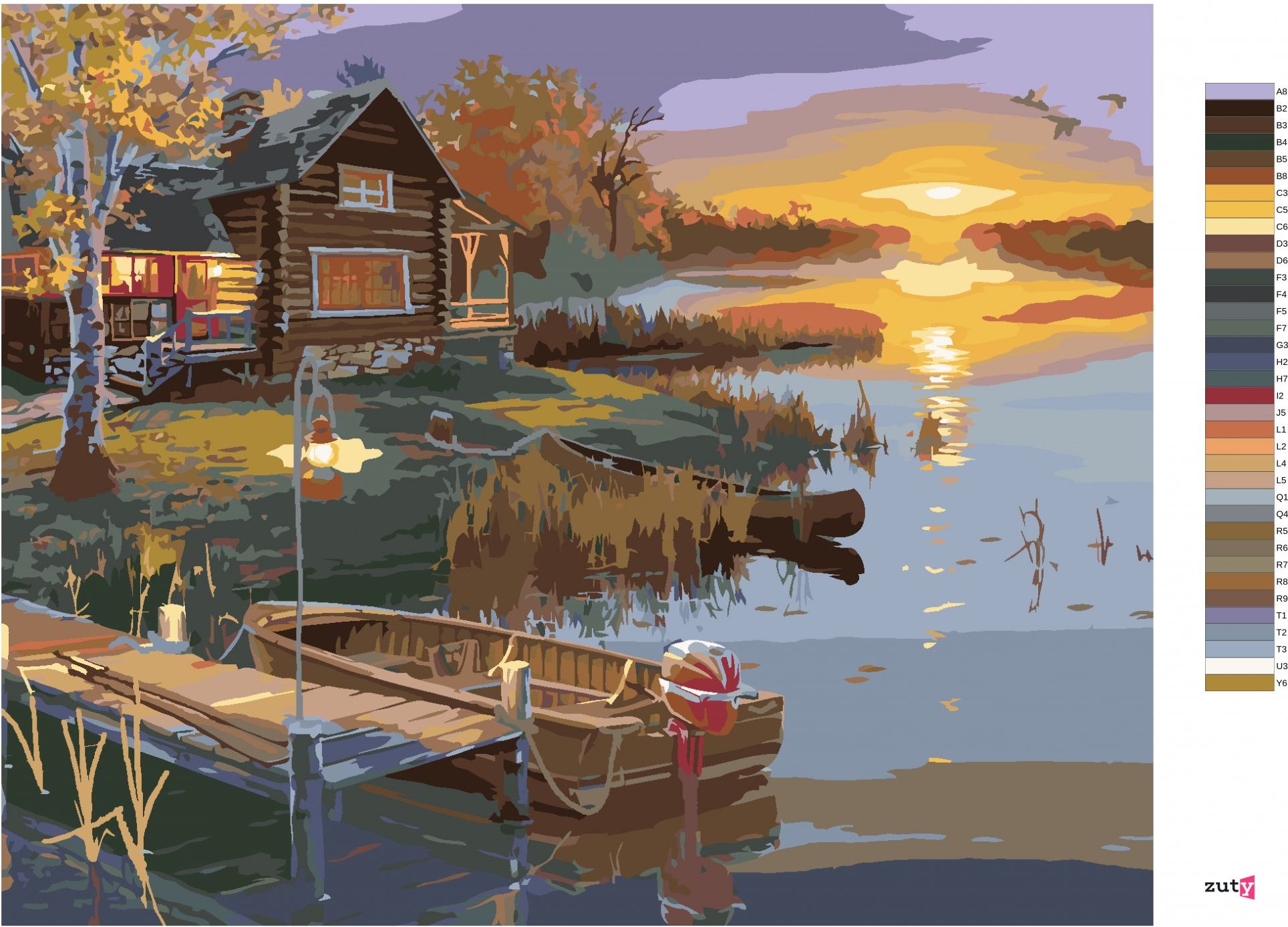 zuty Malování podle čísel - ZÁPAD SLUNCE, RYBNÍK, MOLO S LODÍ A CHATA (DARRELL BUSH) - Rozměr: 40x50 cm, Rámování: Varianta: vypnuté plátno na rám - obrázek 10