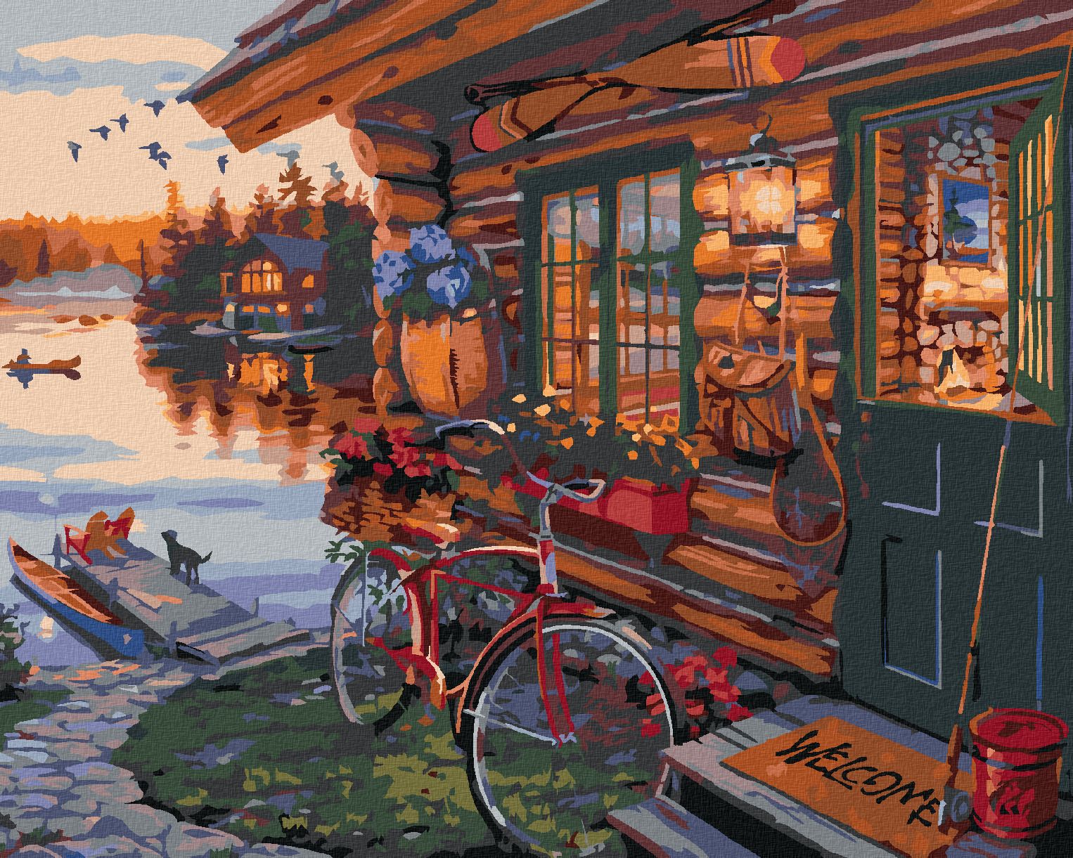 zuty Malování podle čísel - KOLO U CHATY A JEZERO (DARRELL BUSH) - Rozměr: 40x50 cm, Rámování: Varianta: vypnuté plátno na rám - obrázek 1