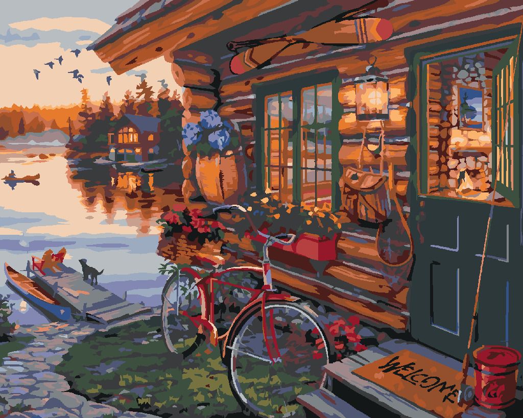 zuty Malování podle čísel - KOLO U CHATY A JEZERO (DARRELL BUSH) - Rozměr: 40x50 cm, Rámování: Varianta: vypnuté plátno na rám - obrázek 8