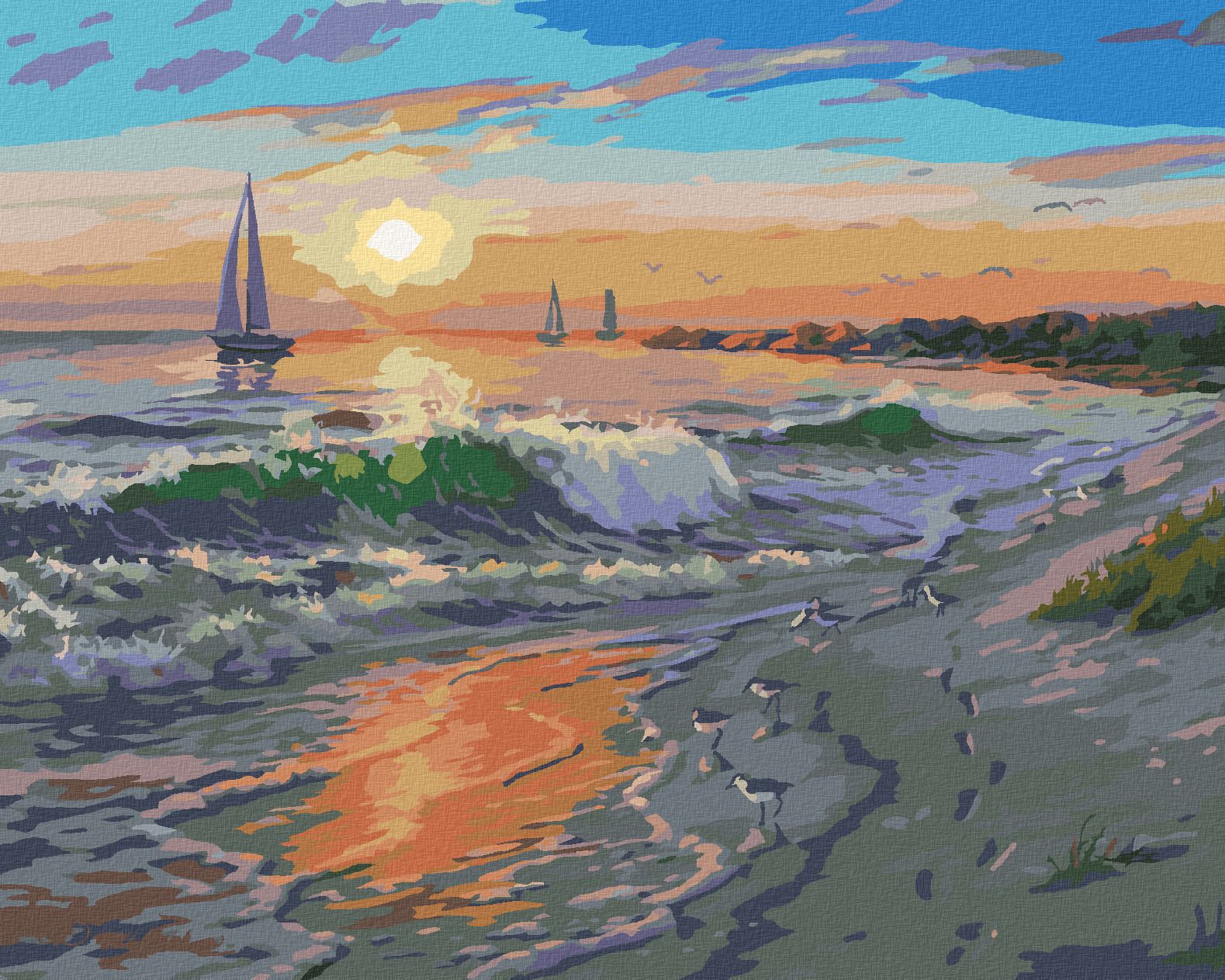 zuty Malování podle čísel - PLACHETNICE, VLNY A PLÁŽ (DARRELL BUSH) - Rozměr: 40x50 cm, Rámování: Varianta: vypnuté plátno na rám - obrázek 1