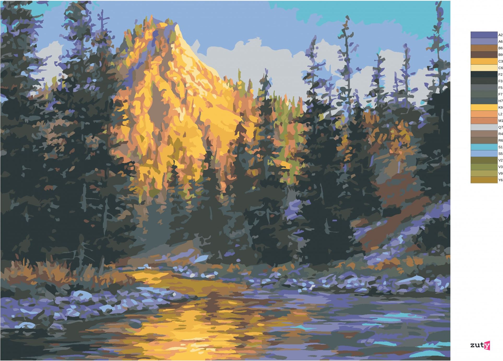 zuty Malování podle čísel - VÝCHOD SLUNCE, ŘEKA A HORY (DARRELL BUSH) - Rozměr: 40x50 cm, Rámování: Varianta: vypnuté plátno na rám - obrázek 3