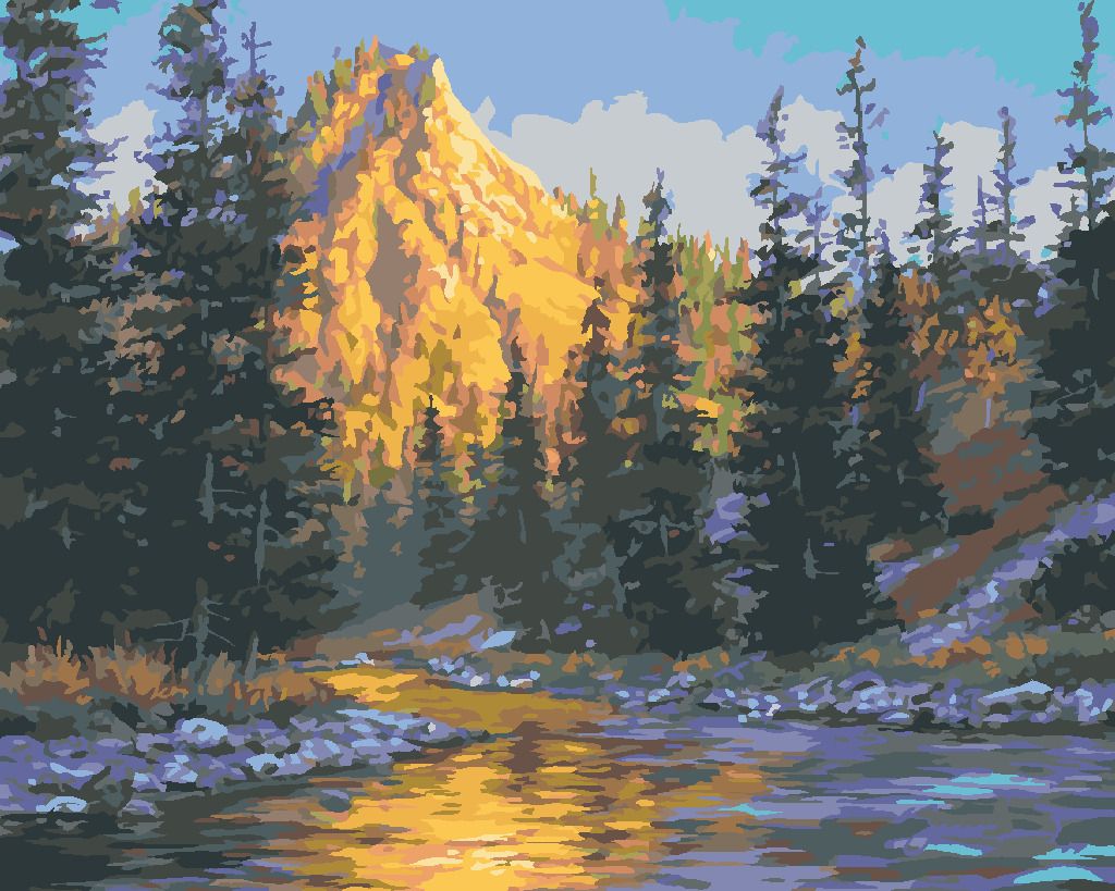 zuty Malování podle čísel - VÝCHOD SLUNCE, ŘEKA A HORY (DARRELL BUSH) - Rozměr: 40x50 cm, Rámování: Varianta: vypnuté plátno na rám - obrázek 7
