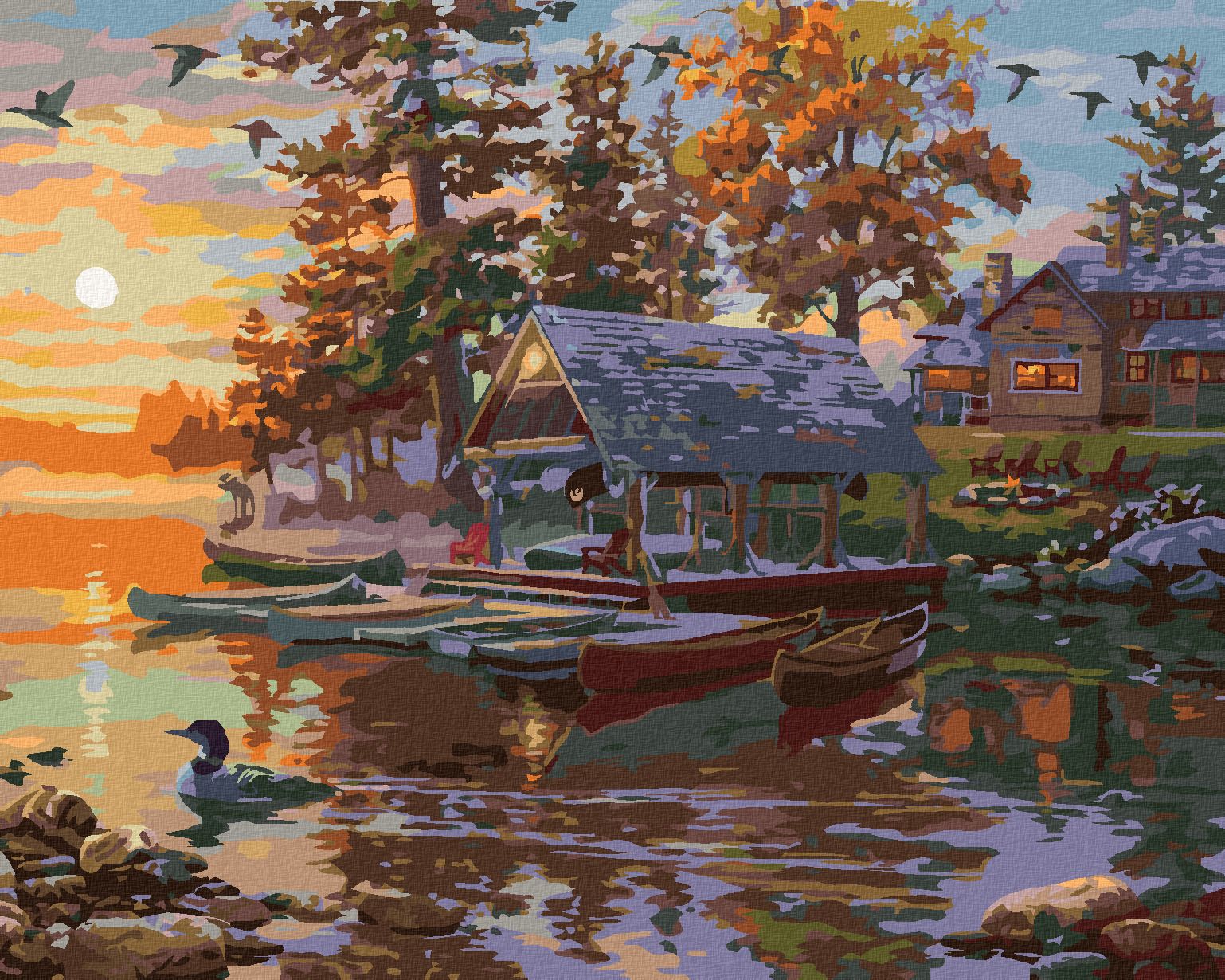 zuty Malování podle čísel - KANOE NA JEZEŘE A KACHNY (DARRELL BUSH) - Rozměr: 40x50 cm, Rámování: Varianta: vypnuté plátno na rám - obrázek 1