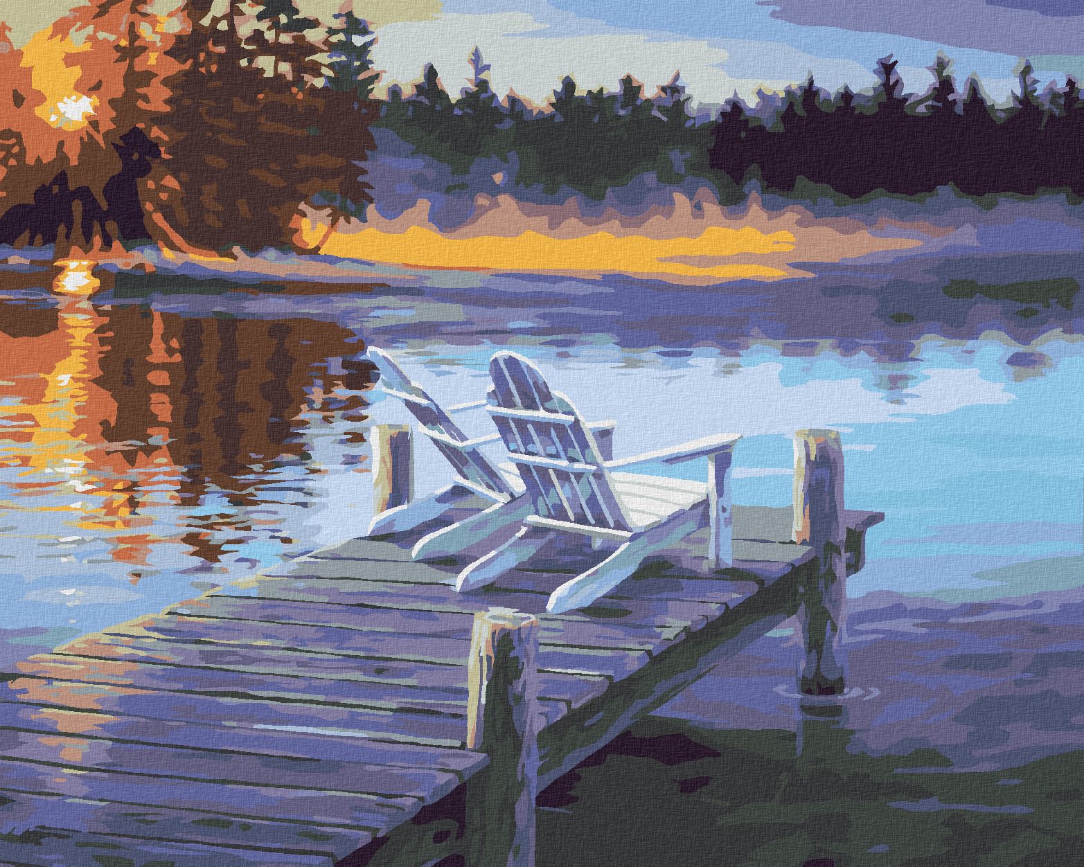 zuty Malování podle čísel - VÝCHOD SLUNCE A ŽIDLE NA MOLU (DARRELL BUSH) - Rozměr: 40x50 cm, Rámování: Varianta: vypnuté plátno na rám - obrázek 1