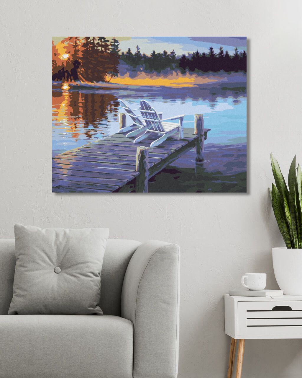 zuty Malování podle čísel - VÝCHOD SLUNCE A ŽIDLE NA MOLU (DARRELL BUSH) - Rozměr: 40x50 cm, Rámování: Varianta: vypnuté plátno na rám - obrázek 2