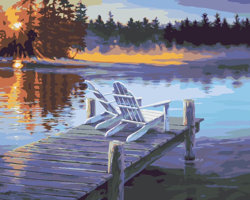 zuty Malování podle čísel - VÝCHOD SLUNCE A ŽIDLE NA MOLU (DARRELL BUSH) - Rozměr: 40x50 cm, Rámování: Varianta: vypnuté plátno na rám - obrázek 10