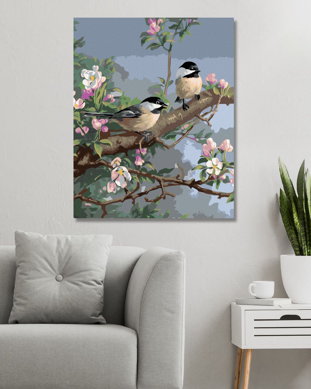 zuty Malování podle čísel – SÝKORA A ROZKVETLÁ VĚTEV JABLONĚ (JAMES HAUTMAN) - Rozměr: 40x50 cm, Rámování: Varianta: vypnuté plátno na rám - obrázek 7