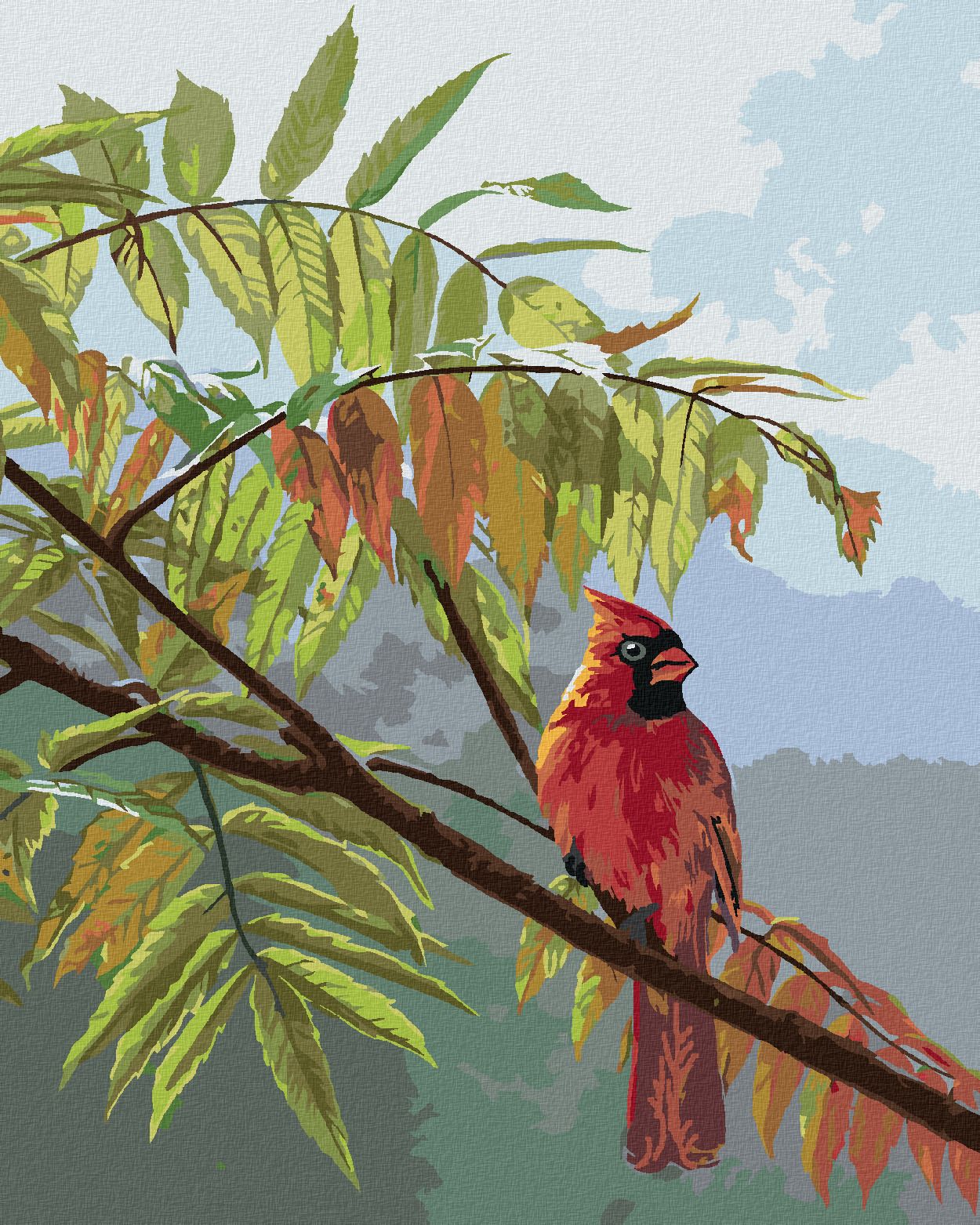 zuty Malování podle čísel – PTÁK KARDINÁL NA VĚTVI A MĚNÍCÍ SE LISTÍ (JAMES HAUTMAN) - Rozměr: 40x50 cm, Rámování: Varianta: bez rámu a bez vypnutí plátna - obrázek 1