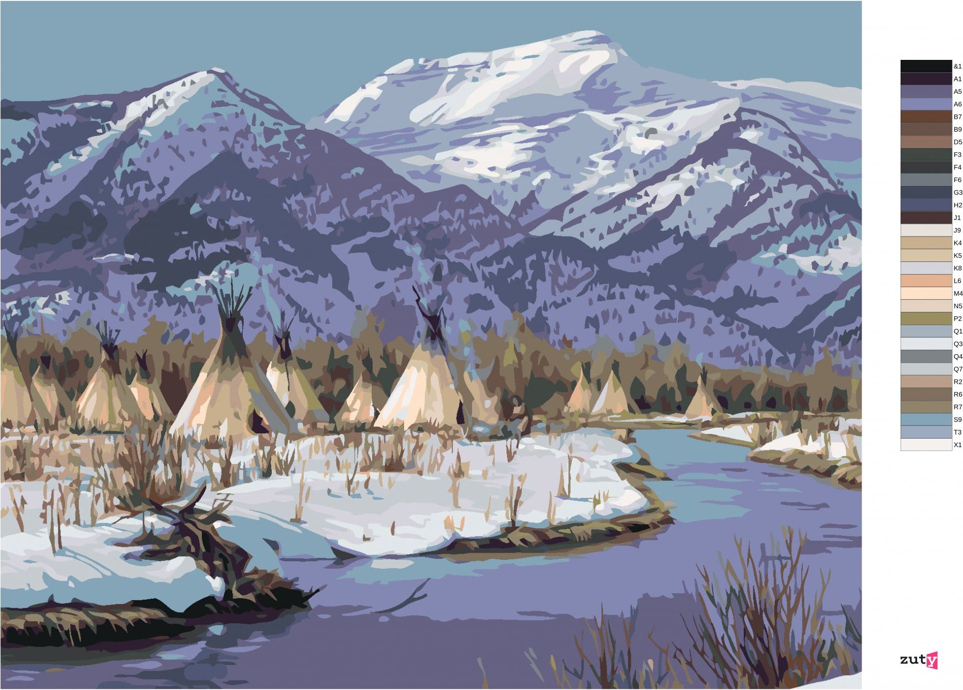 zuty Malování podle čísel – INDIÁNSKÁ VESNICE U ŘEKY A HORY (JAMES HAUTMAN) - Rozměr: 40x50 cm, Rámování: Varianta: bez rámu a bez vypnutí plátna - obrázek 3