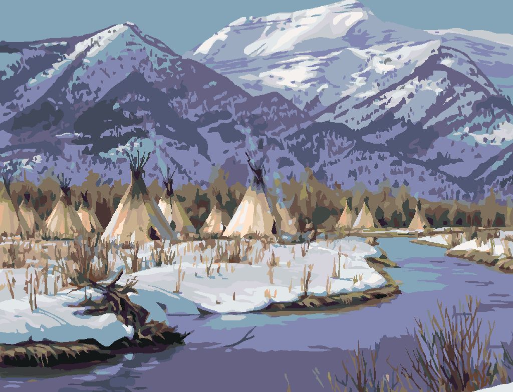 zuty Malování podle čísel – INDIÁNSKÁ VESNICE U ŘEKY A HORY (JAMES HAUTMAN) - Rozměr: 40x50 cm, Rámování: Varianta: bez rámu a bez vypnutí plátna - obrázek 5