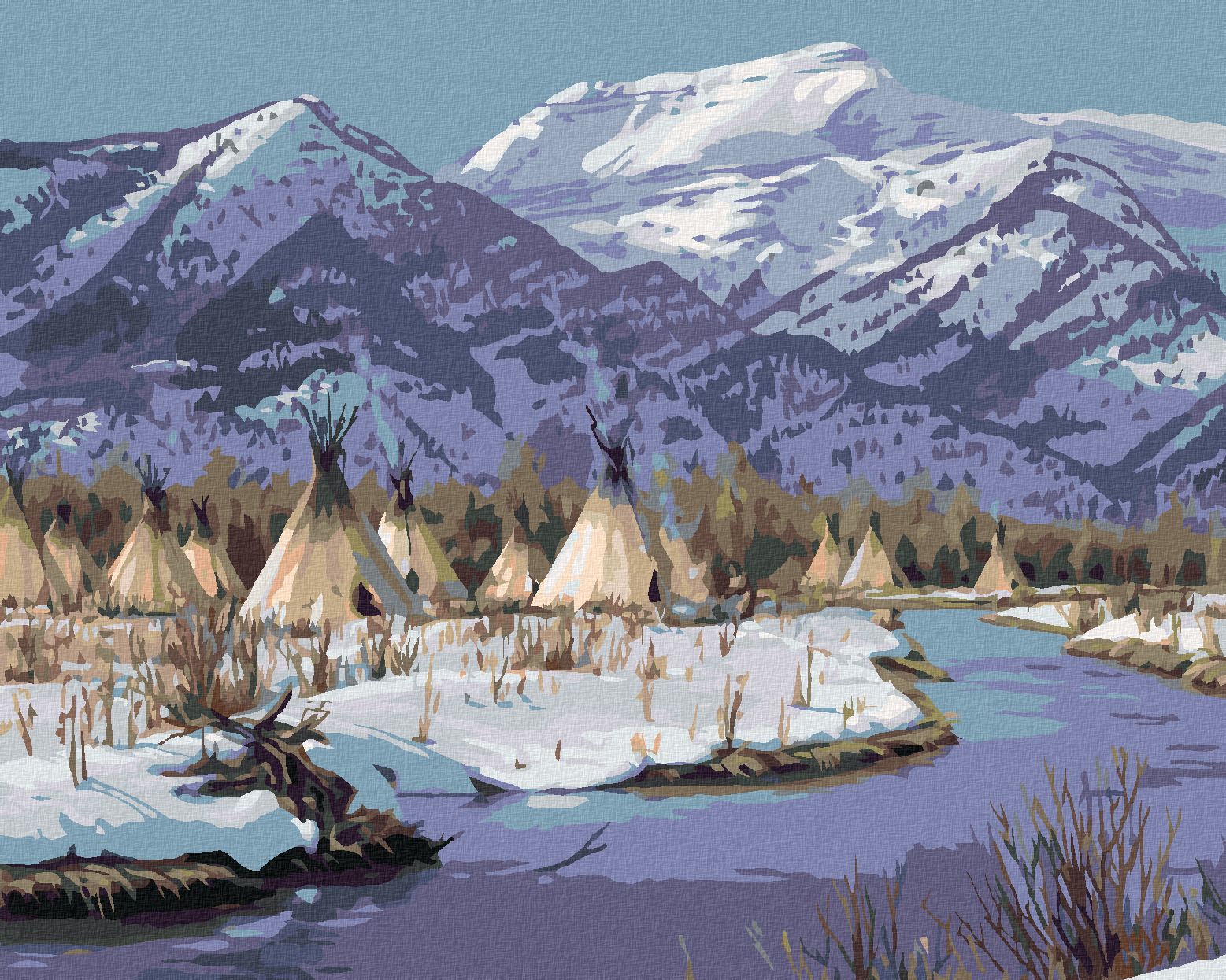 zuty Malování podle čísel – INDIÁNSKÁ VESNICE U ŘEKY A HORY (JAMES HAUTMAN) - Rozměr: 40x50 cm, Rámování: Varianta: vypnuté plátno na rám - obrázek 1