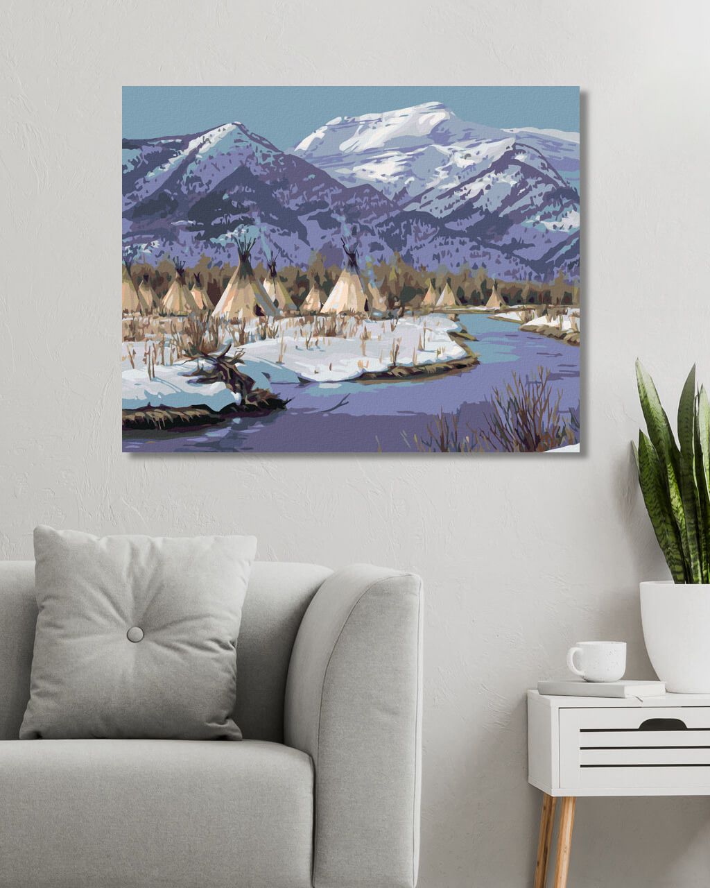 zuty Malování podle čísel – INDIÁNSKÁ VESNICE U ŘEKY A HORY (JAMES HAUTMAN) - Rozměr: 40x50 cm, Rámování: Varianta: vypnuté plátno na rám - obrázek 2