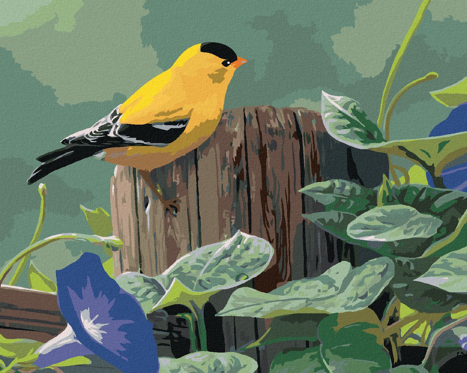 zuty Malování podle čísel – ČÍŽEK NA PLOTĚ A FIALOVÉ KVĚTINY (JAMES HAUTMAN) - Rozměr: 40x50 cm, Rámování: Varianta: bez rámu a bez vypnutí plátna - obrázek 1