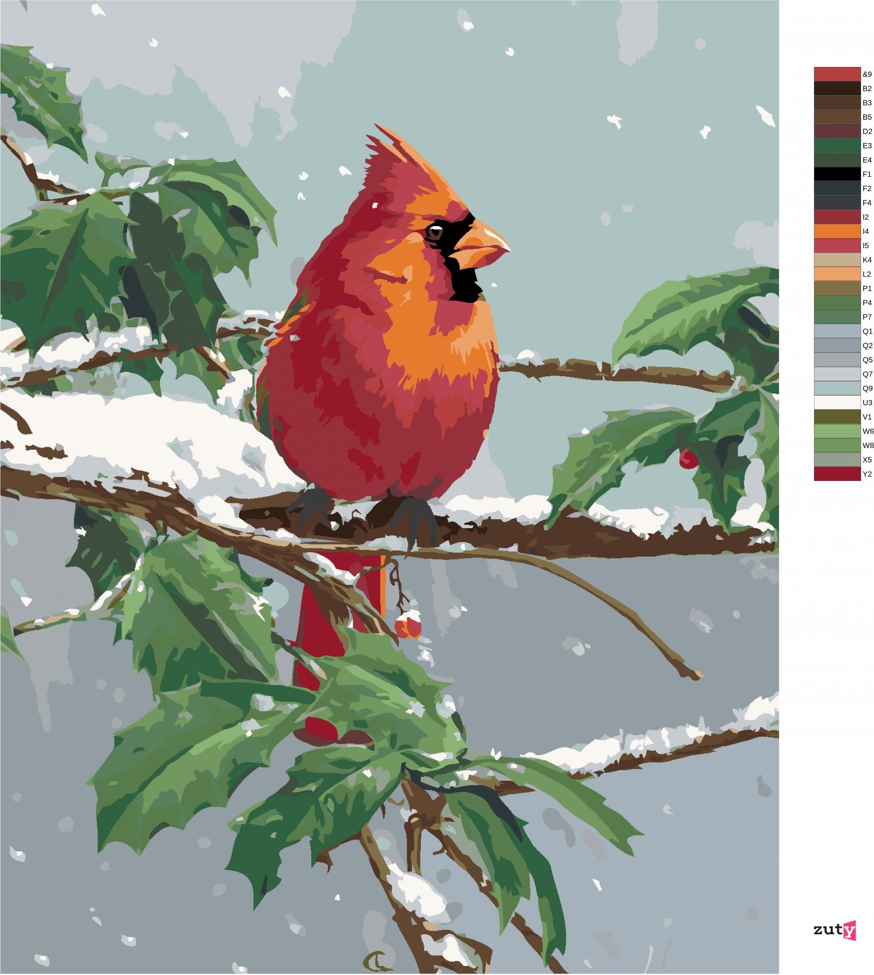 zuty Malování podle čísel – PTÁK KARDINAL NA ZASNĚŽENÉ VĚTVI CESMÍNY (JAMES HAUTMAN) - Rozměr: 40x50 cm, Rámování: Varianta: bez rámu a bez vypnutí plátna - obrázek 3