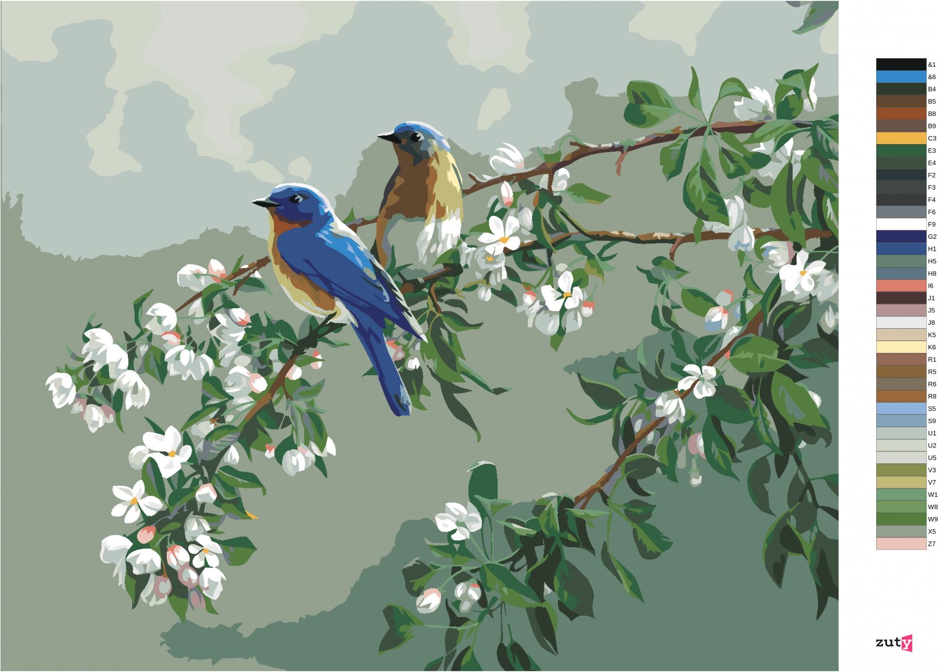 zuty Malování podle čísel – MODŘÍ PTÁCI A ROZKVETLÁ VĚTEV (JAMES HAUTMAN) - Rozměr: 40x50 cm, Rámování: Varianta: vypnuté plátno na rám - obrázek 5