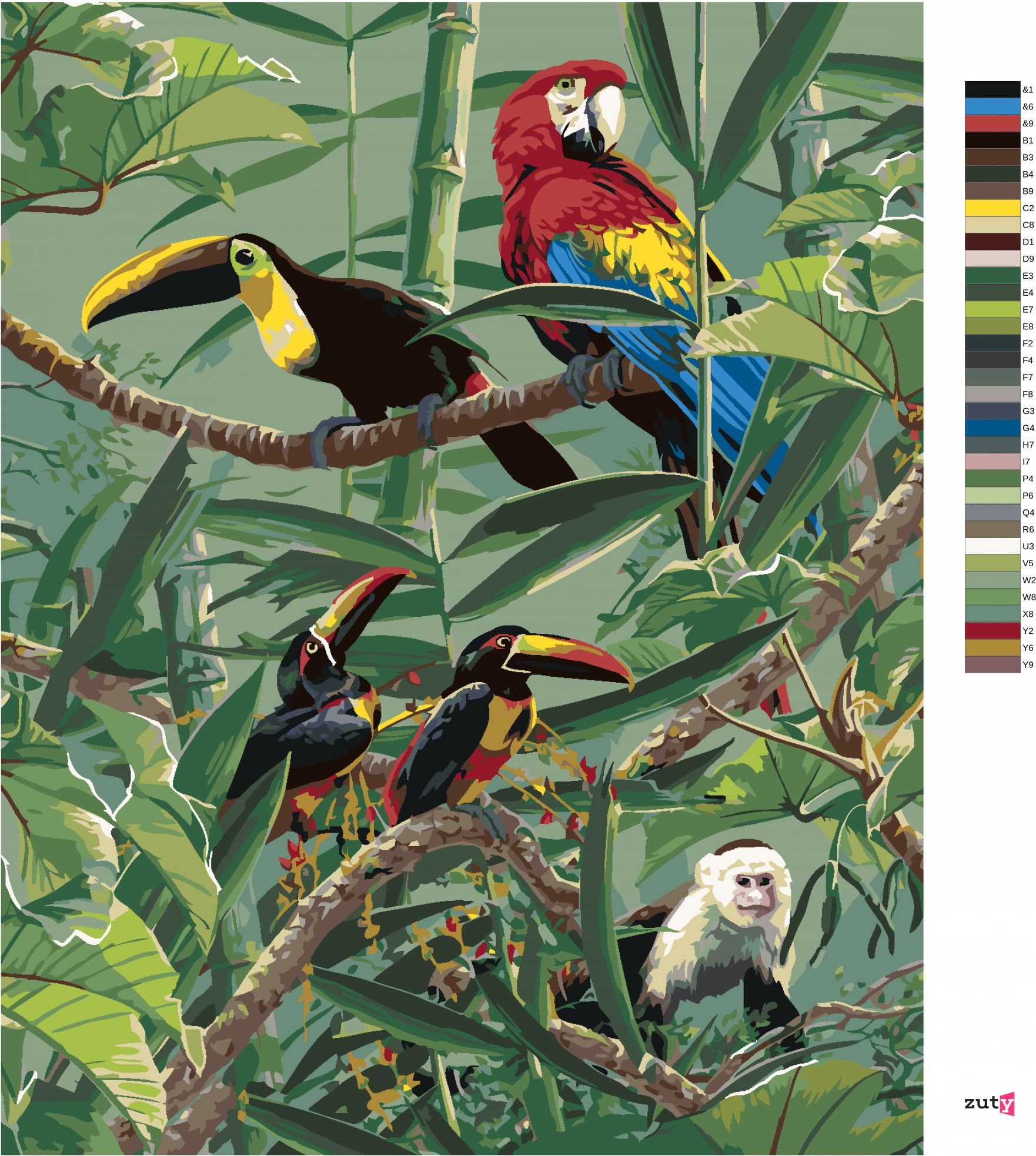 zuty Malování podle čísel – PAPOUŠEK ARA, TUKAN A OPICE V PRALESE (JAMES HAUTMAN) - Rozměr: 40x50 cm, Rámování: Varianta: bez rámu a bez vypnutí plátna - obrázek 4