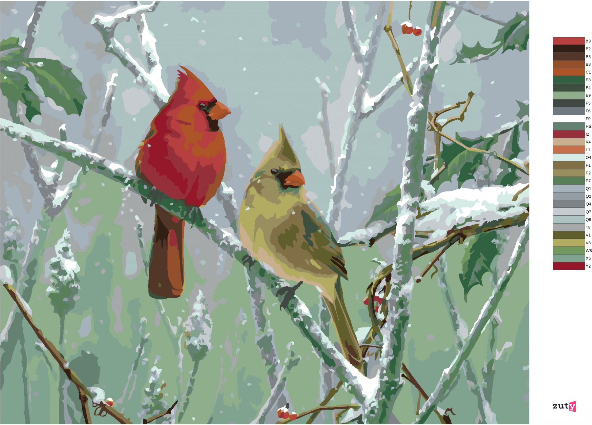 zuty Malování podle čísel – PTÁK KARDINÁL NA ZASNĚŽENÉ VĚTVI (JAMES HAUTMAN) - Rozměr: 40x50 cm, Rámování: Varianta: vypnuté plátno na rám - obrázek 8