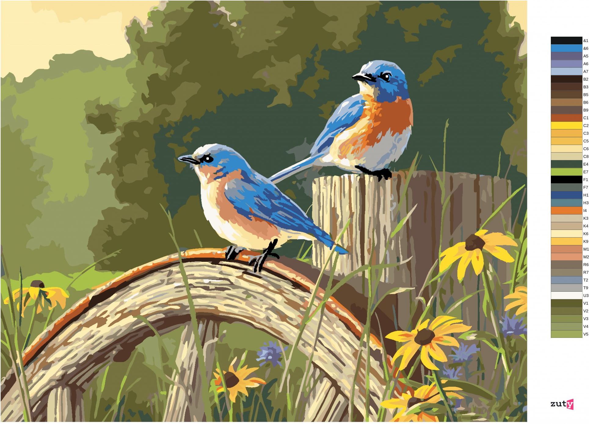 zuty Malování podle čísel - PTÁK SALAŠNÍK NA DŘEVNÉM KOLE A ZLUTÉ KVĚTINY (JAMES HAUTMAN) - Rozměr: 40x50 cm, Rámování: Varianta: bez rámu a bez vypnutí plátna - obrázek 3