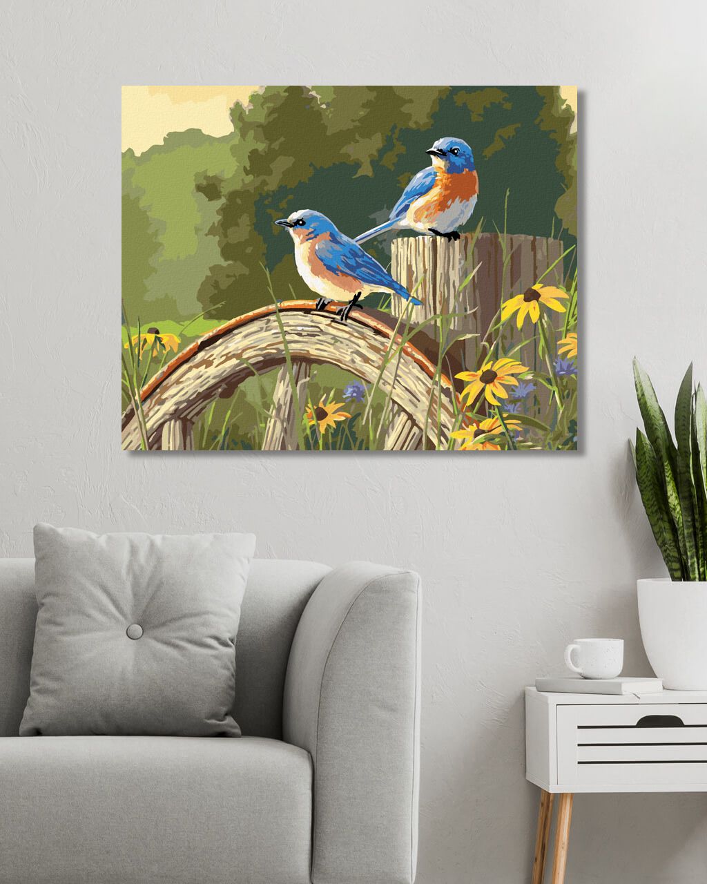 zuty Malování podle čísel - PTÁK SALAŠNÍK NA DŘEVNÉM KOLE A ZLUTÉ KVĚTINY (JAMES HAUTMAN) - Rozměr: 40x50 cm, Rámování: Varianta: vypnuté plátno na rám - obrázek 5